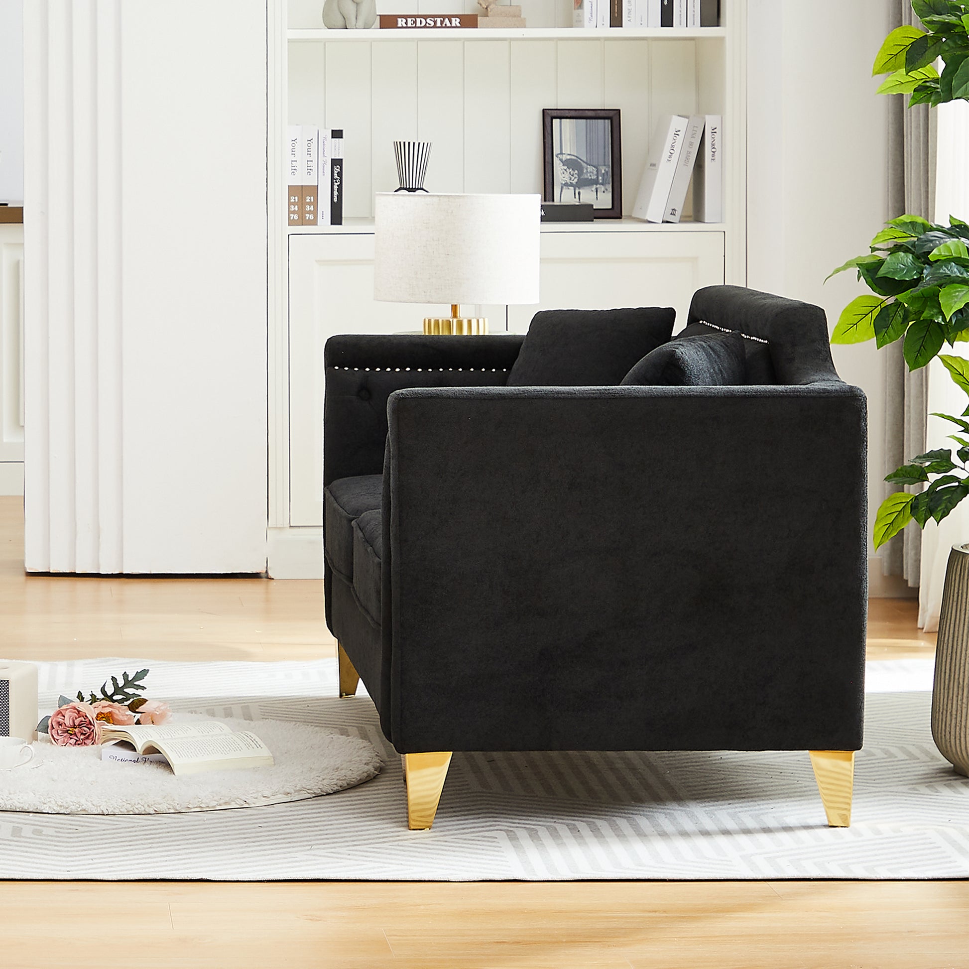 Fx81"Mid Century Design Modern Sofa,Chenille Pull Buckle Design Sofa For Living Room,Buttons Tufted With Copper Nail Decoration Armrest, With 2 Pillows,Modern Couch Upholstered Button And Metal Legs Black Chenille Pine Foam Fabric 3 Seat