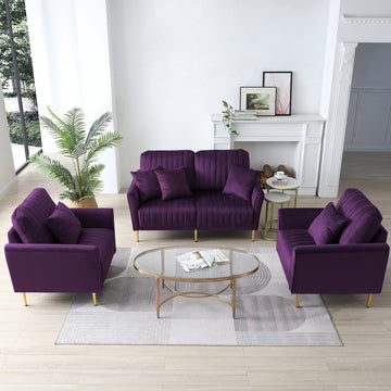 Mid Century Modern Sectional Sofa Set, Couch Sets For Living Room 3 Pieces, 2 Piece Fabric Arm Chair And 1 Piece Loveseat Set For Living Room, Purple Velvet Purple Foam Velvet 4 Seat