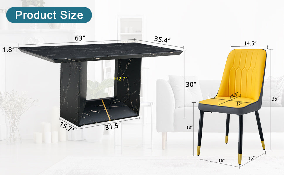Table And Chair Set.This Modern Dining Table With Mdf Marbled Design Gives You A Luxurious And Elegant Feel.Paired With Multiple Chairs With Pu Artificial Leather Backrest Cushions And Black Legs. Yellow Black Seats 4 Mdf