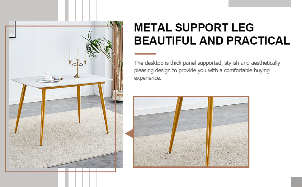 Modern Minimalist Dining Table. White Imitation Marble Patterned Stone Burning Tabletop With Golden Metal Legs. 50 "* 30" * 30 "F 001 Gold Sintered Stone