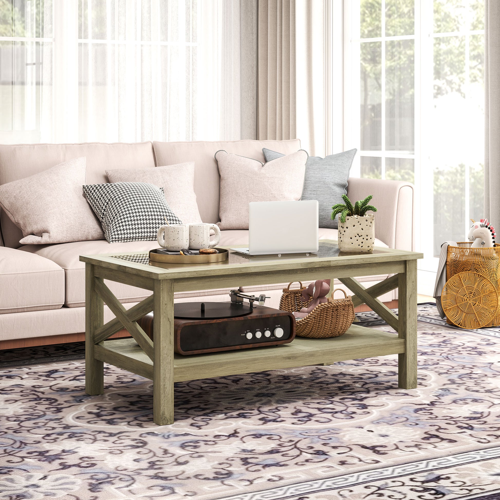 Homcom Glass Coffee Table, Modern Farmhouse Center Table With Storage, Side Table For Living Room With Classic X Bar Style Sides, Gray Gray Mdf