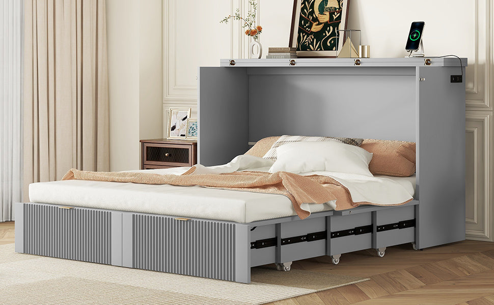 Queen Size Murphy Bed Wall Bed With Drawer And A Set Of Sockets & Usb Ports, Pulley Structure Design, Gray Queen Gray Plywood