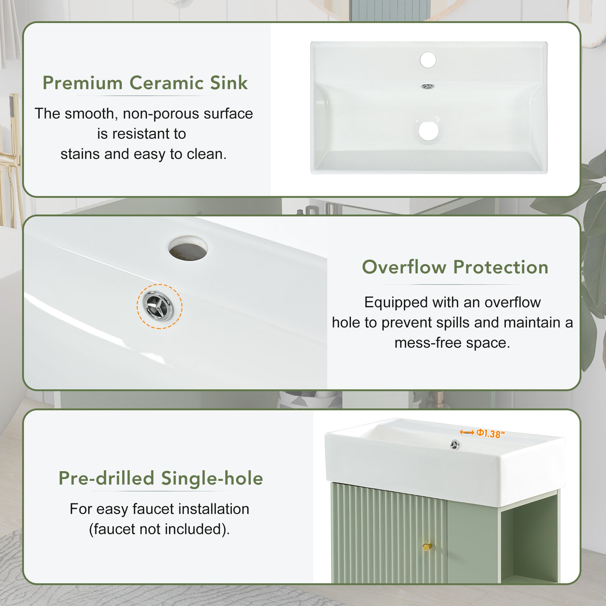 21.6" Green Bathroom Vanity, Combo Cabinet, Bathroom Storage Cabinet, Single Ceramic Sink, Right Side Storage Green Bathroom Ceramic Mdf