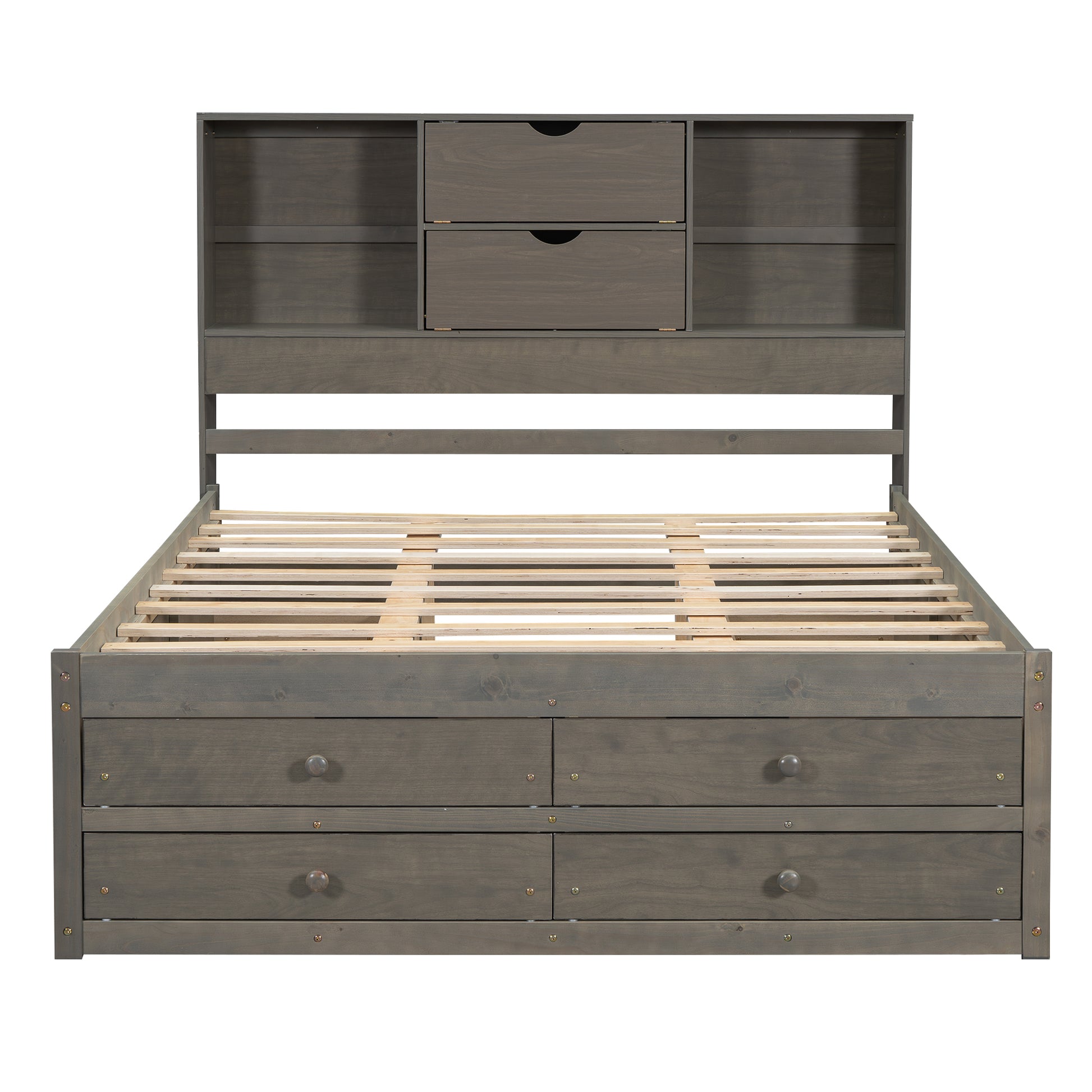 Queen Size Platform Bed With Storage Headboard And 8 Drawers, Gray Box Spring Not Required Queen Gray Wood Bedroom Bed Frame Solid Wood Mdf