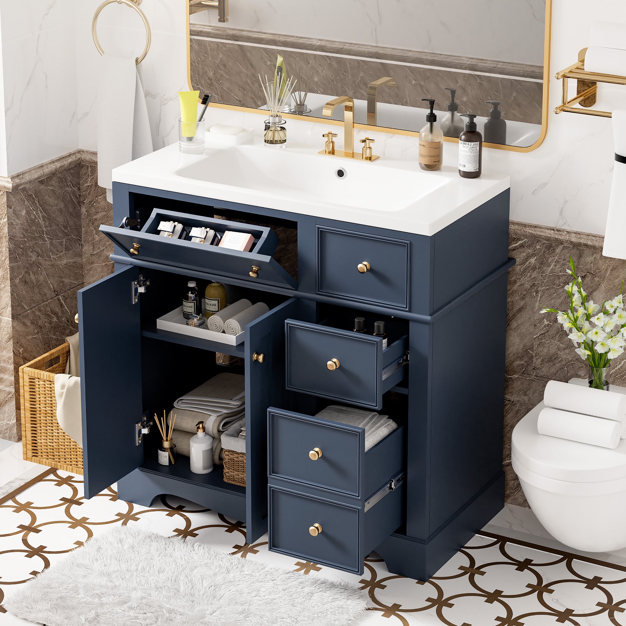 36'' Bathroom Vanity With Resin Sink Combo, Solid Wood Frame Bathroom Storage Cabinet, Freestanding Vanity Set With 3 Drawers& Adjustable Shelf Blue Bathroom Modern Solid Wood Mdf Resin