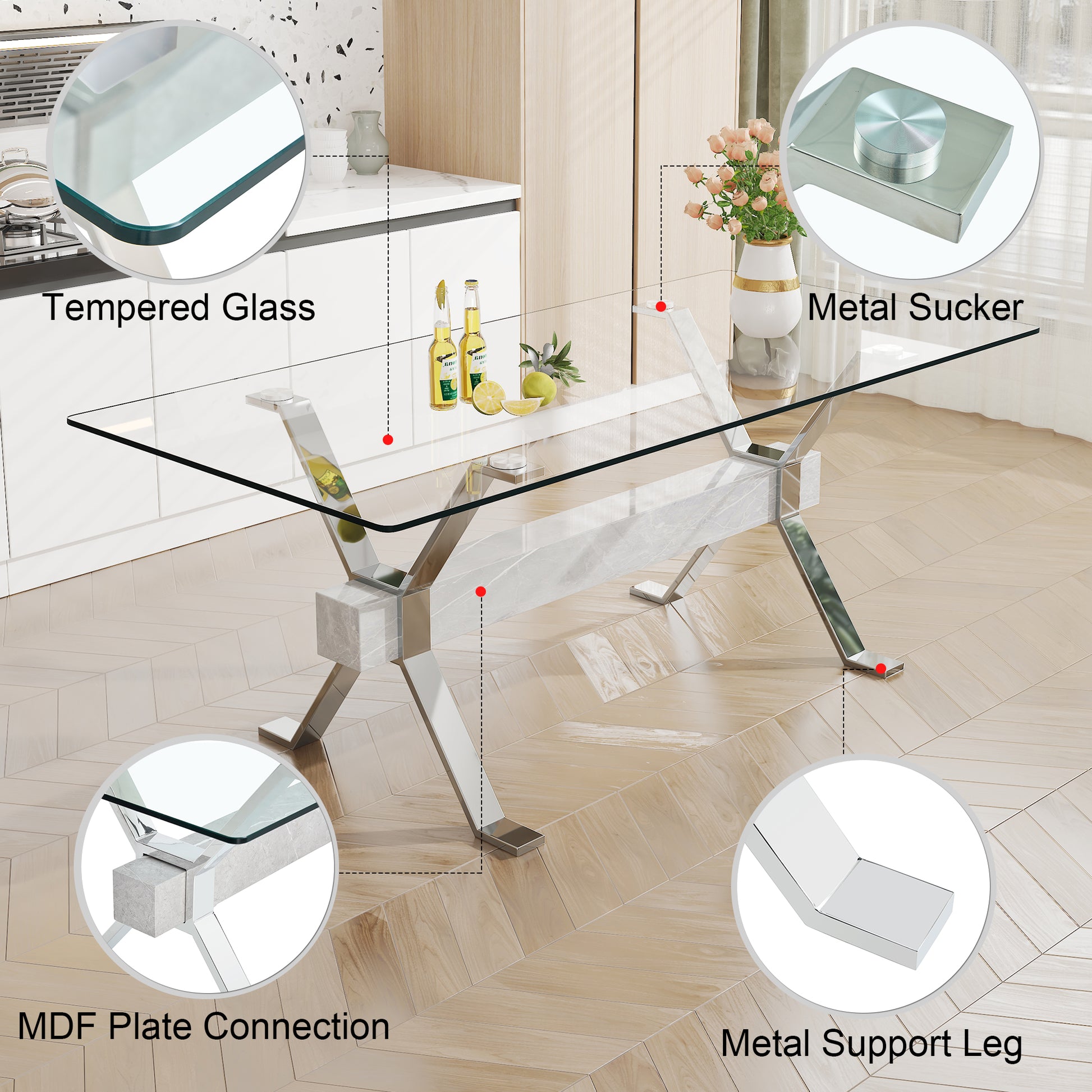 Dining Table. Modern Tempered Glass Dining Table. Large Modern Office Desk With Silver Plated Metal Legs And Mdf Crossbars, Suitable For Both Home And Office Use. Kitchen. 71 ''X35.4''X30 '' 1105 Transparent Glass