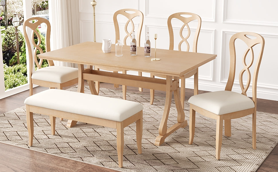 Retro 6 Piece Trestle Dining Table Set With Upholstered Dining Chairs And Dining Bench, Smooth Dining Backs For Dining Room, Living Room, Kitchen, Natural Upholstered Chair Wood Natural Beige Seats 6 Wood Dining Room Solid Wood Rubberwood Trestle