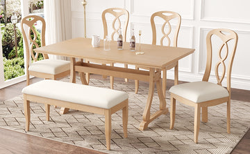 Retro 6 Piece Trestle Dining Table Set With Upholstered Dining Chairs And Dining Bench, Smooth Dining Backs For Dining Room, Living Room, Kitchen, Natural Upholstered Chair Wood Natural Beige Seats 6 Wood Dining Room Solid Wood Rubberwood Trestle