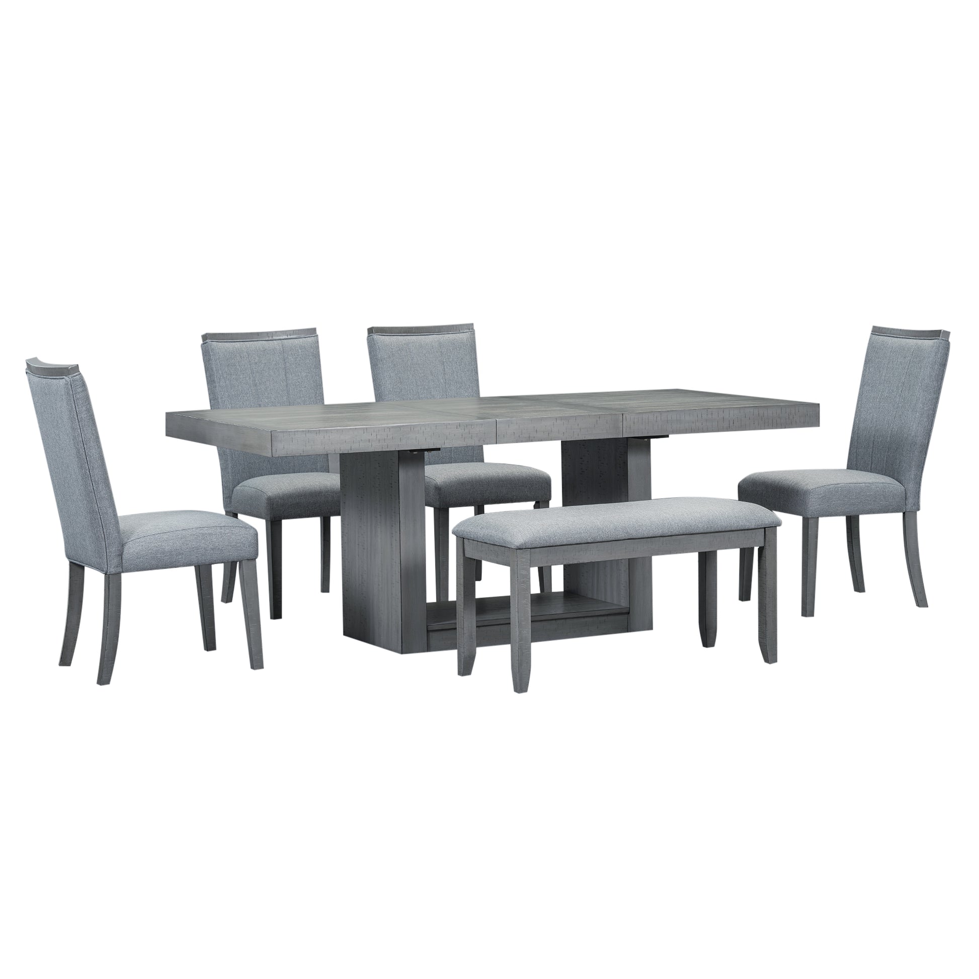 Contemporary 6 Piece 78Inch Extendable Pedestal Dining Table Set With 18Inch Removable Leaf And Dining Bench, 4 Upholstered Dining Chairs, Gray Gray Wood Dining Room Solid Wood Rubberwood Rectangular Dining Table With Chair And Bench Upholstered Chair