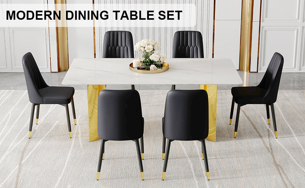Table And Chair Set.The Table Has A Glass Top With Imitation Marble Pattern Stickers And Stainless Steel Golden Legs. Paried With Chairs With Pu Artificial Leather Backrest Cushions And Black Legs. White Gold Seats 6 Glass Metal
