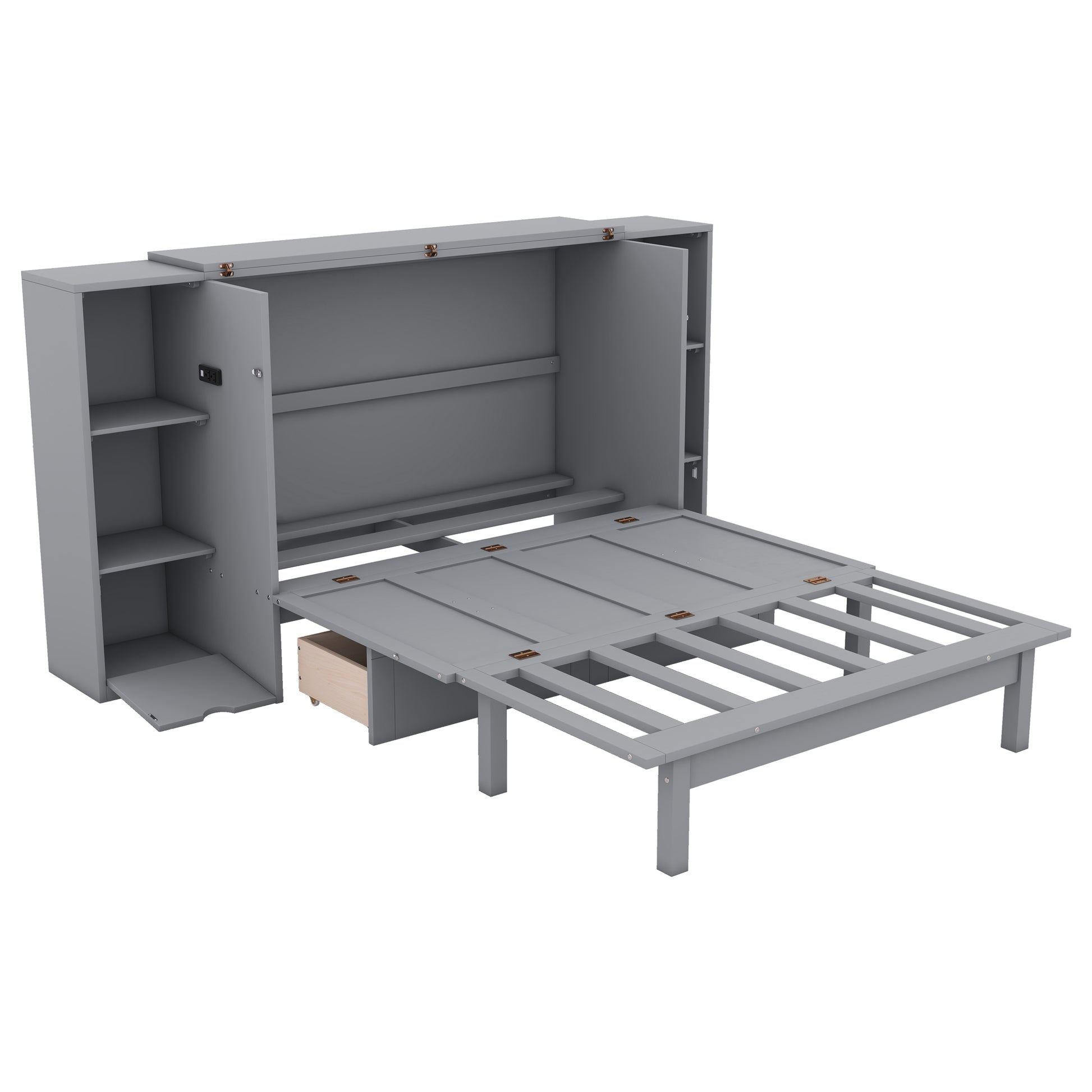 Full Size Murphy Bed With Shelves, Drawers And Usb Ports,Gray Gray Mdf Lvl
