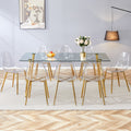 Table And Chair Set.Modern Rectangular Glass Dining Table With Tempered Glass Countertop And Golden Metal Legs, Paired With Multiple Transparent High Quality Pet Dining Chairs With Golden Legs. Gold Seats 8 Tempered Glass