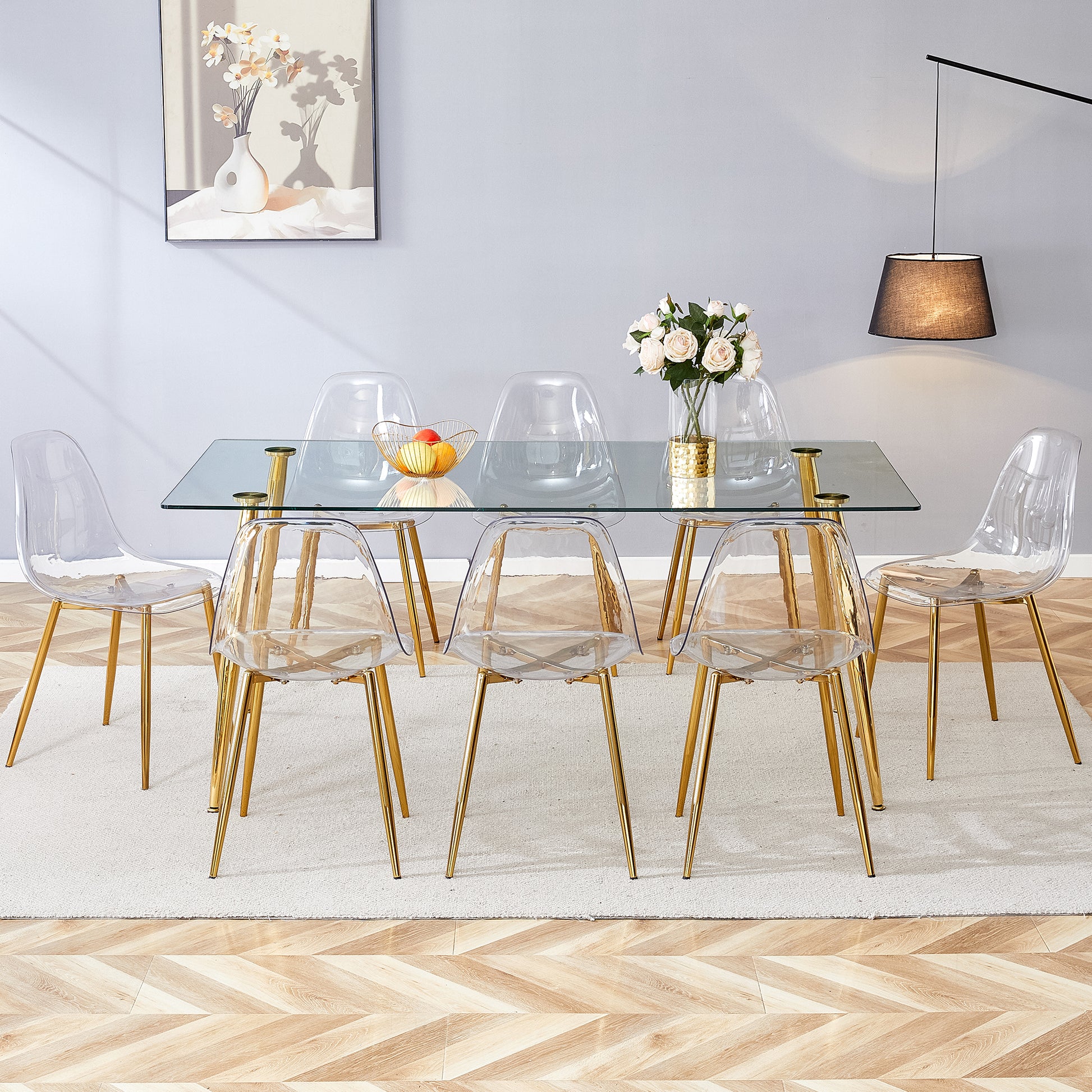 Table And Chair Set.Modern Rectangular Glass Dining Table With Tempered Glass Countertop And Golden Metal Legs, Paired With Multiple Transparent High Quality Pet Dining Chairs With Golden Legs. Gold Seats 8 Tempered Glass