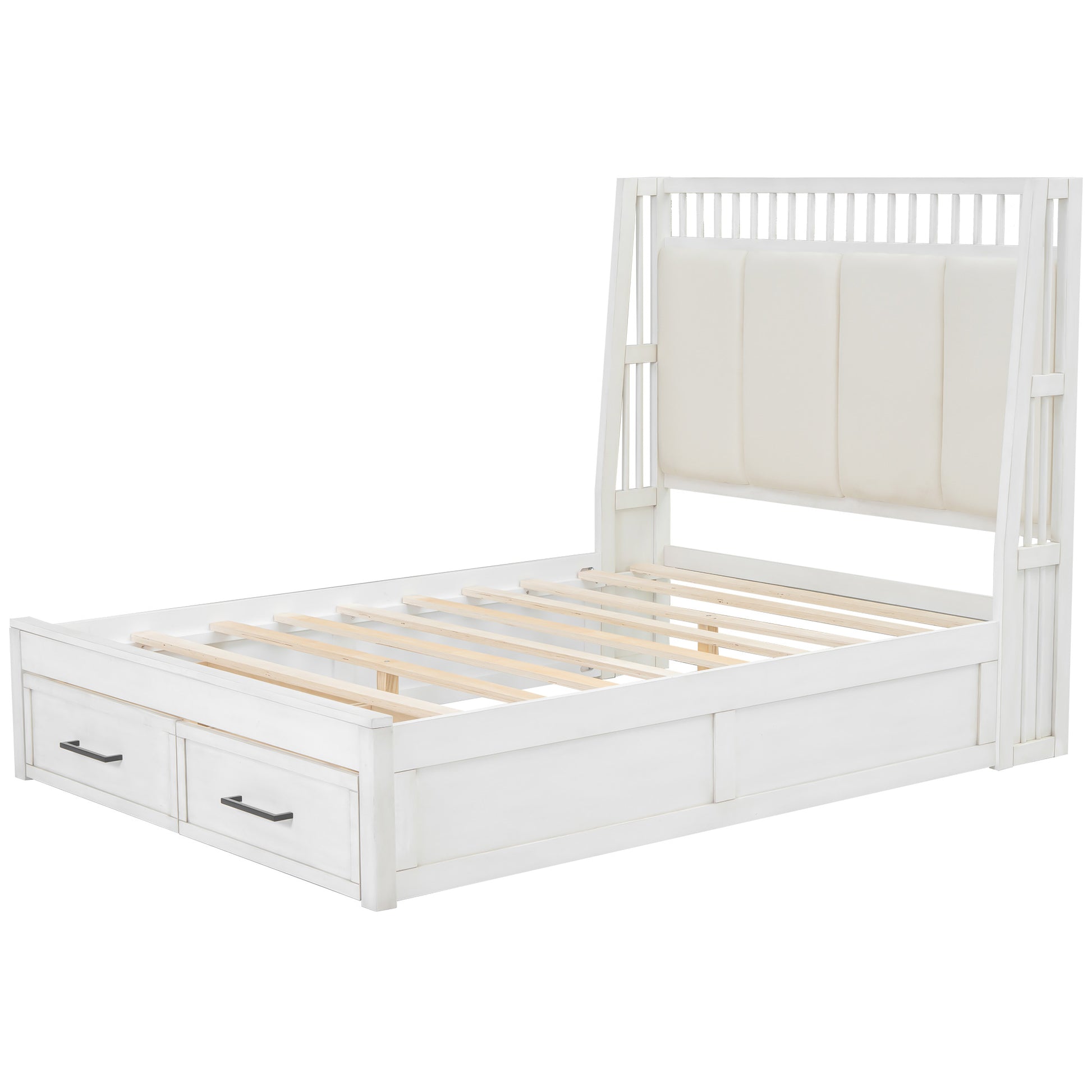 Full Size Wood Platform Bed With Upholstered Headboard And 2 Drawers, White Box Spring Not Required Full White Wood Bed Frame Solid Wood Mdf
