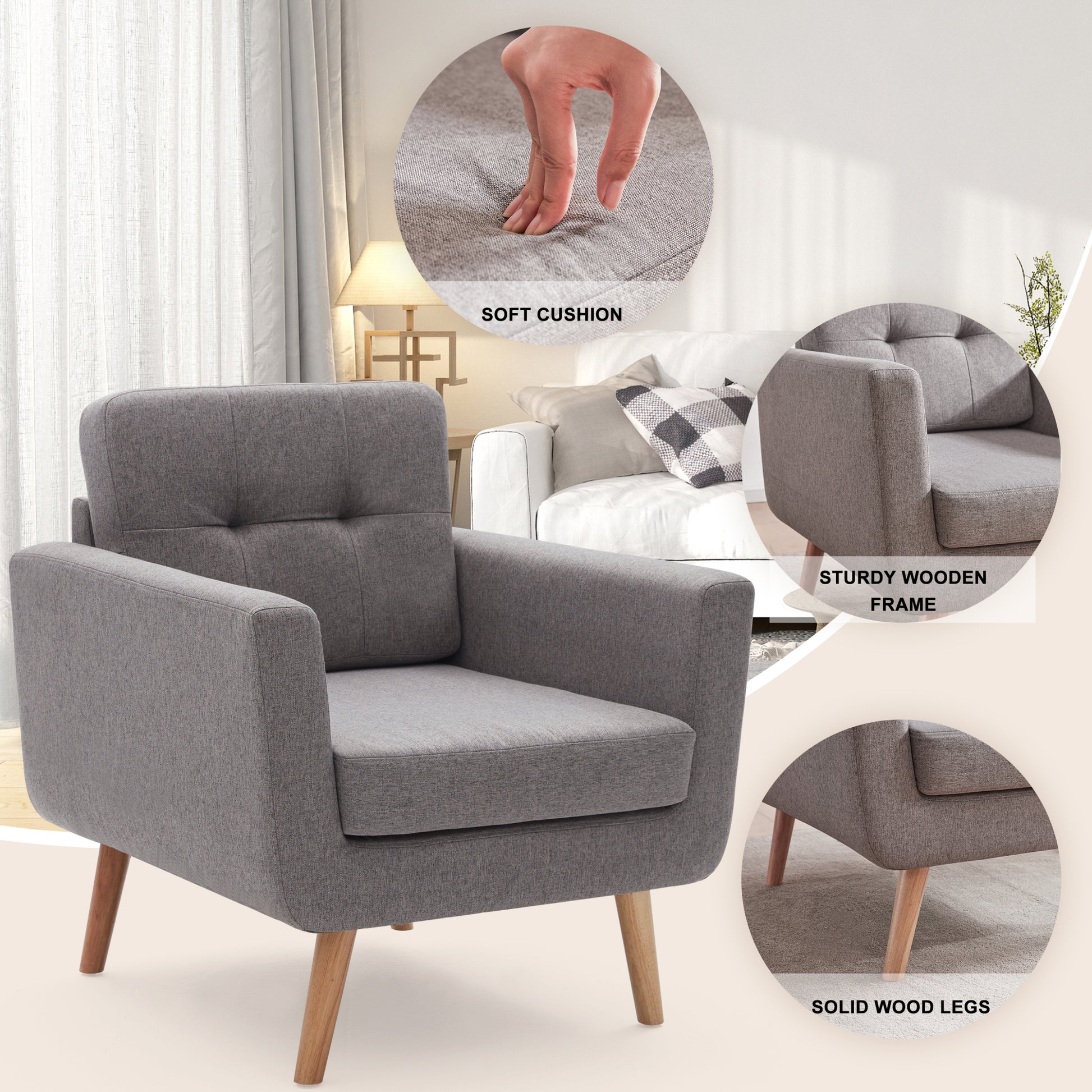 Accent Chair, Reading Chair For Living Room & Bedroom, Mid Century Modern Arm Chair, Button Tufted Upholstered Accent Chairs Sofa With Solid Wood Frame Stone Grey Grey Solid Wood