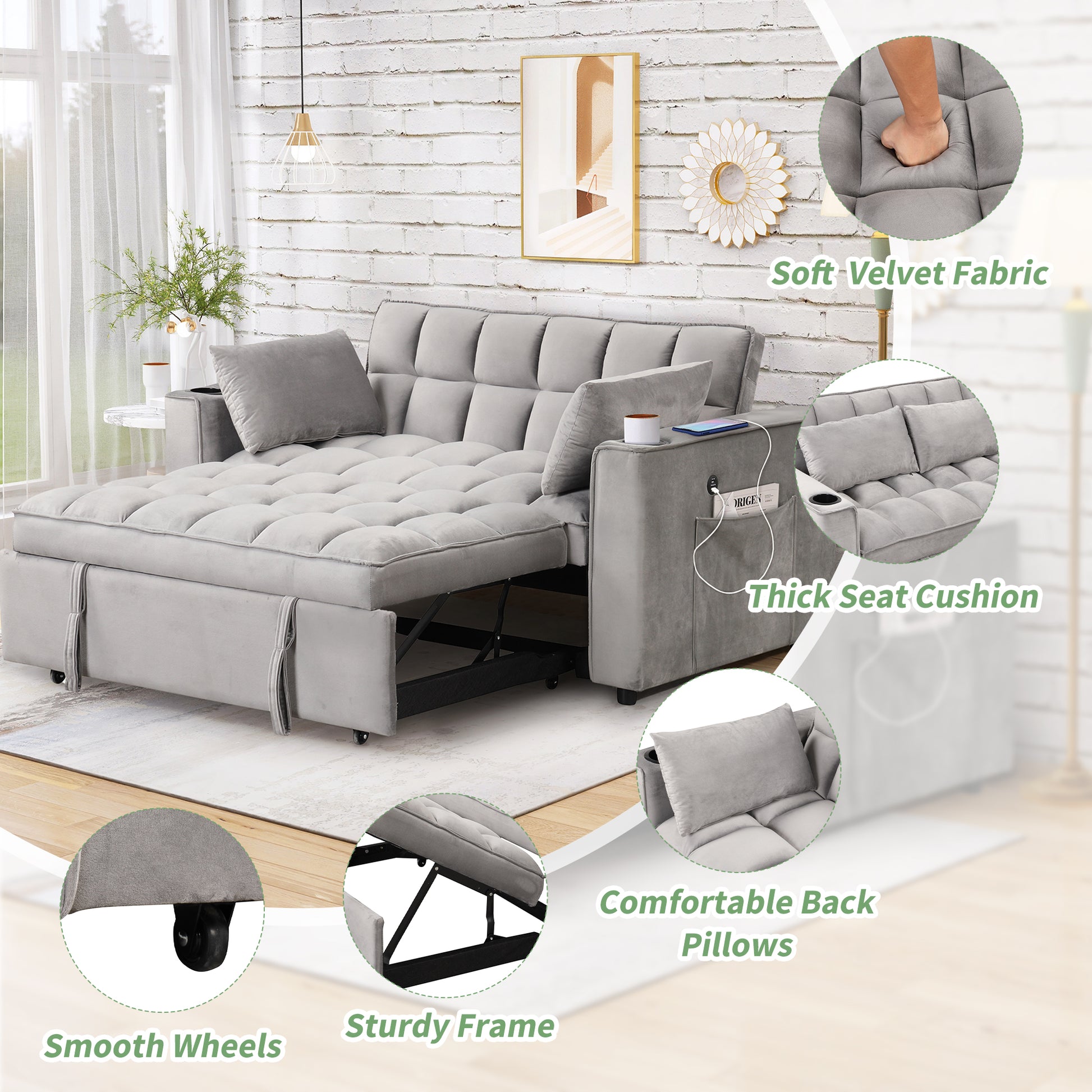 58" 4 1 Multi Functional Sofa Bed With Cup Holder And Usb Port For Living Room Or Apartments, Gray Gray Foam 2 Seat