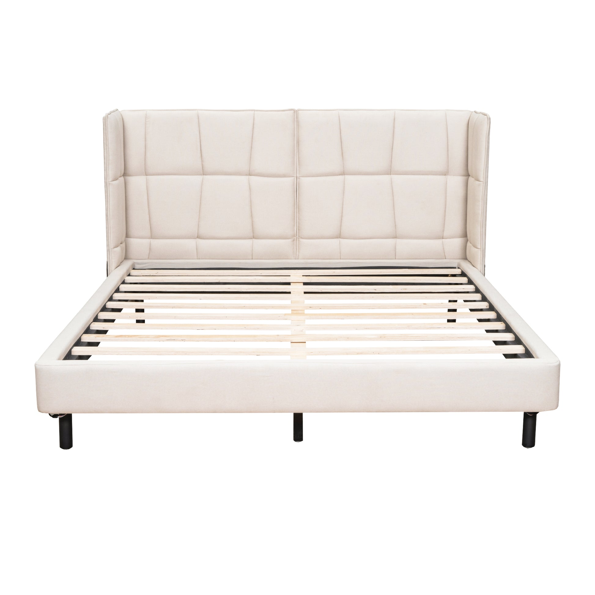 Queen Size Upholstered Platform Bed With Led Lights And U Shaped Headboard, Linen Fabric, Beige Queen Beige Wood Metal