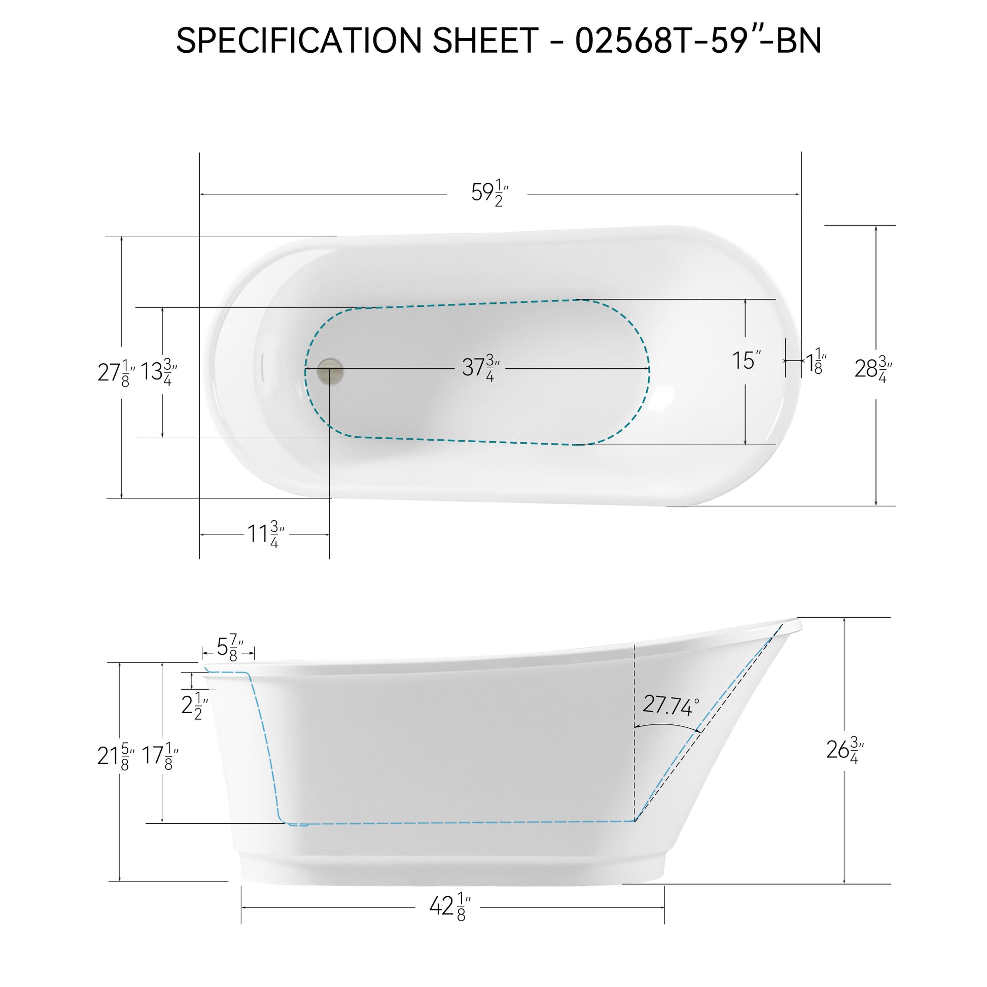 59" Acrylic Freestanding Bathtub, White Modern Stand Alone Soaking Bathtub, Brushed Nickel Drain And Minimalist Linear Design Overflow Included, Cupc Certified, 02568T Bn White Oval Bathroom Freestanding Tubs Polished 59 61 In Modern Soaking Left Acrylic