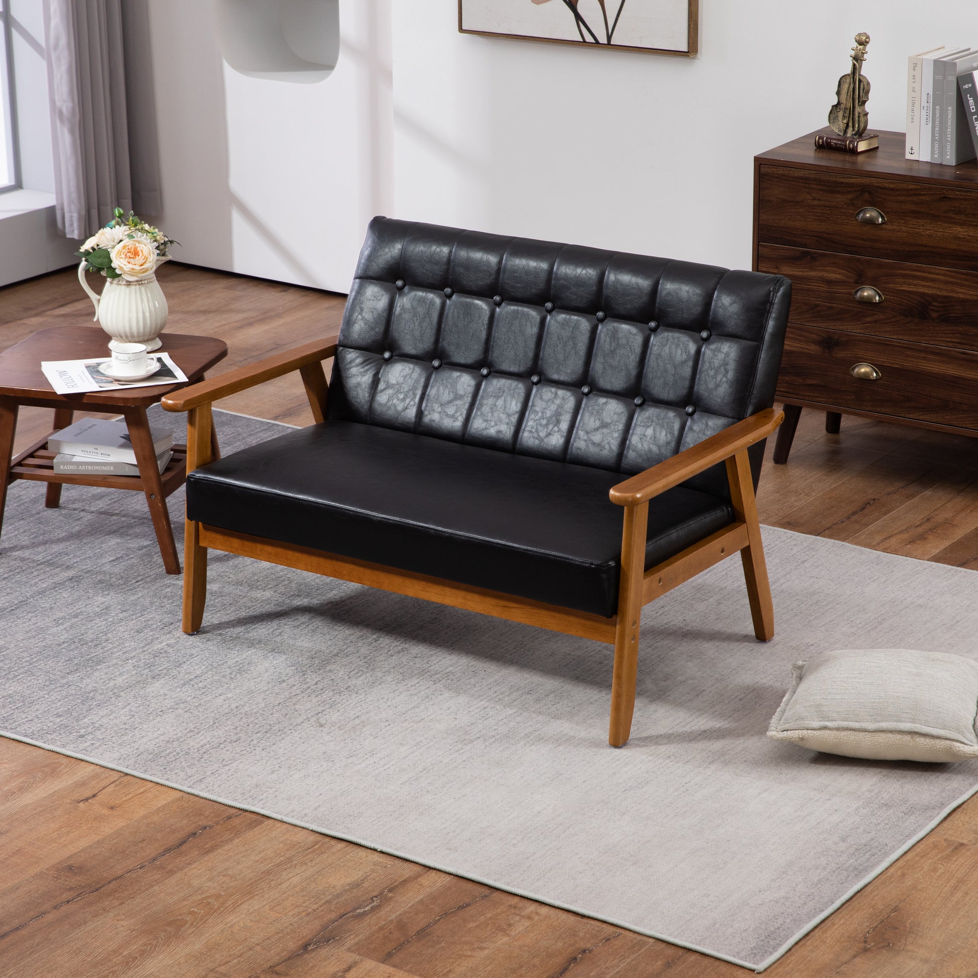Coolmore Mid Century Modern Solid Loveseat Sofa Upholstered Pu Leather Loveseat, 2 Seat Upholstered Loveseat Sofa Modern Couch Black Pu Pu Leather 2 Seat