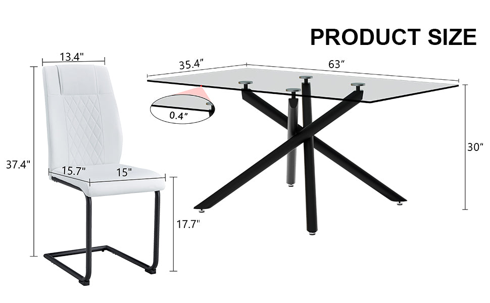 Table And Chair Set.Modern Rectangular Glass Dining Table With 0.39" Tempered Glass Tabletop And Black Metal Legs.Paired With Multiple Chairs Designed With Pu Cushions And Black Metal Legs. White Black Seats 6 Tempered Glass