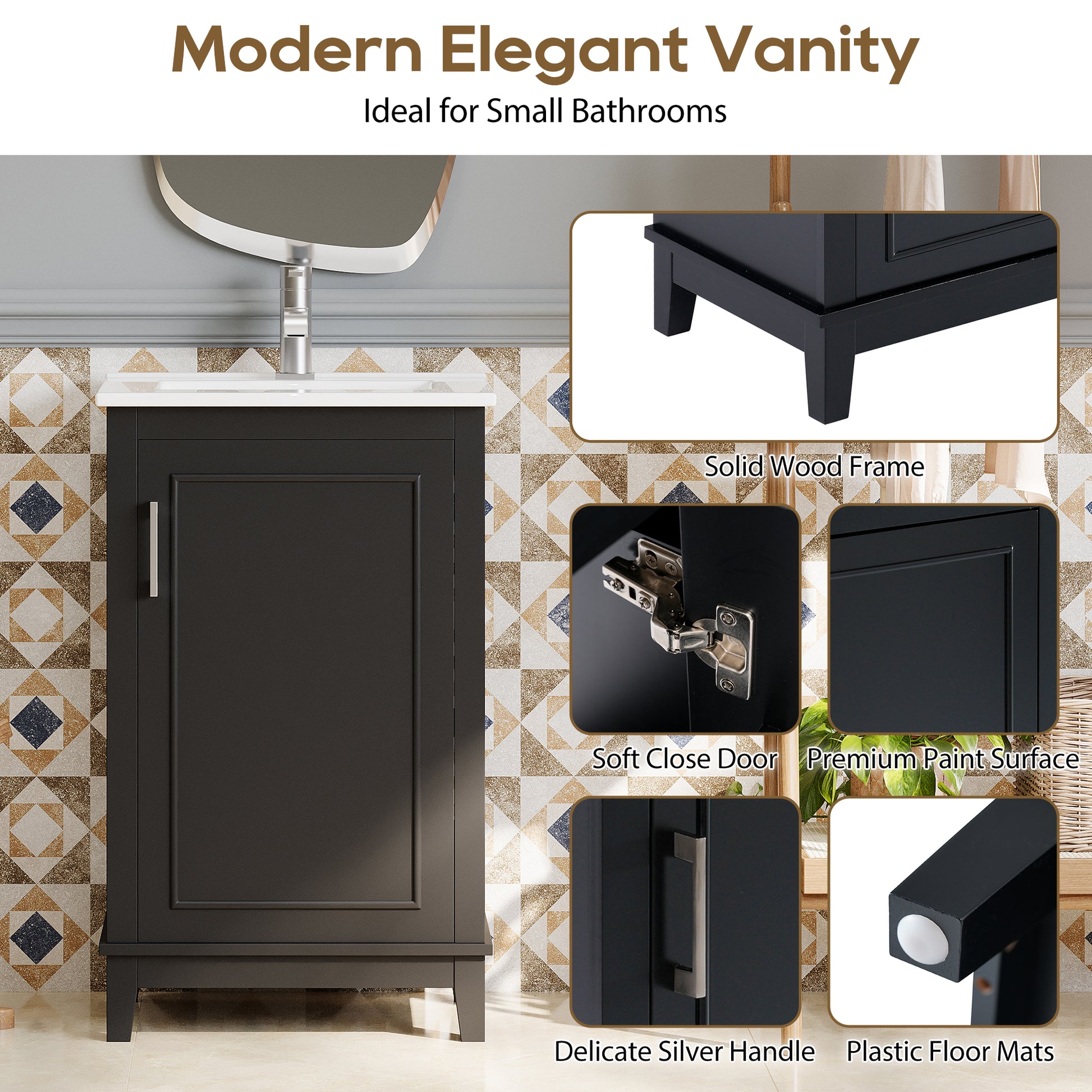 Viedo 20 Inch Modern Small Bathroom Vanity Cabinet With Ceramic Basin 20*15.5*33.3 Inches,Ample Storage,1 Soft Close Door Black Bathroom Solid Wood Mdf