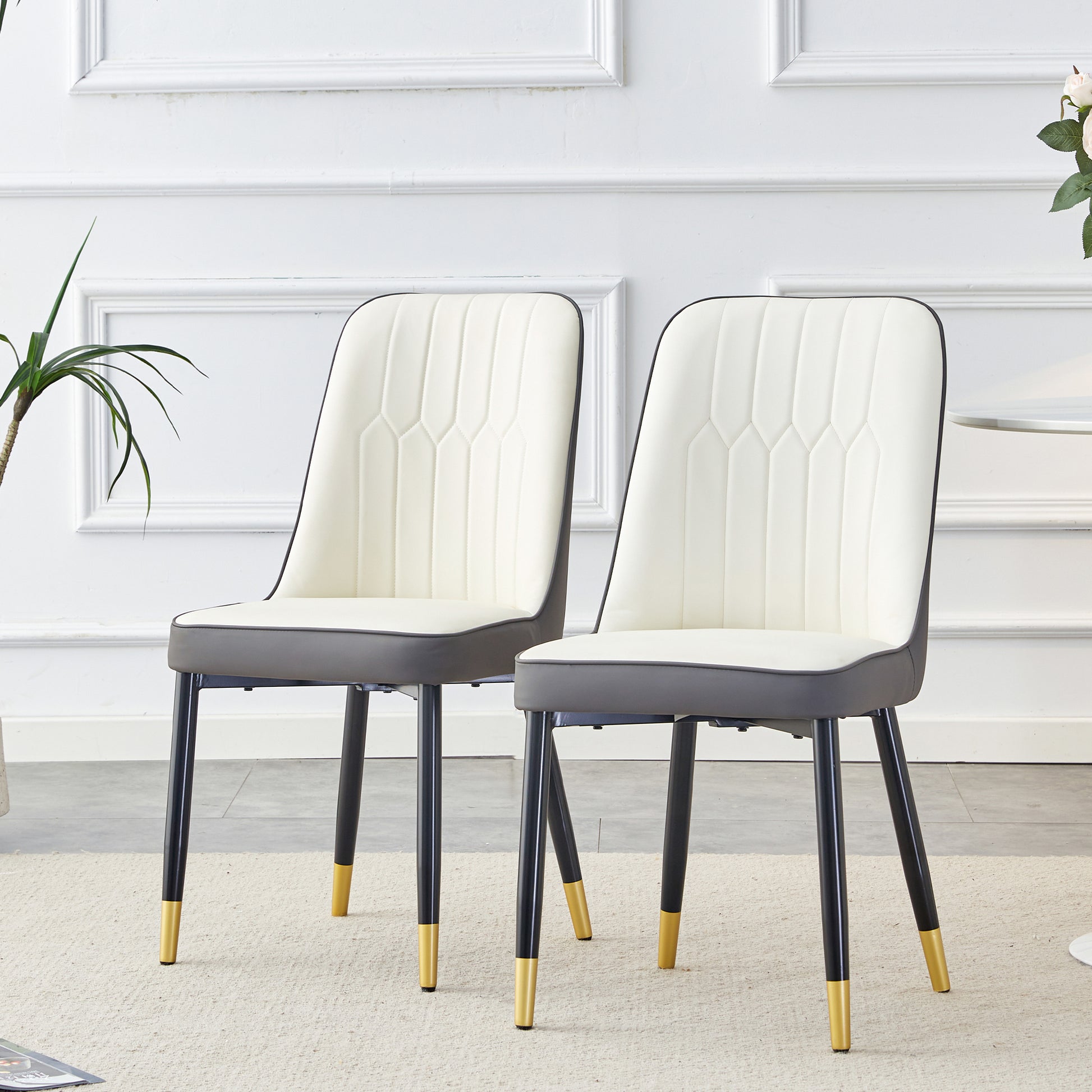 Large Modern Minimalist Rectangular Dining Table With 0.39 "Imitation Marble Black Tabletop And Golden Metal Legs, Paired With Chairs With Pu Cushions And Black Metal Legs. F 1537 C 007 Black Gold Glass Metal