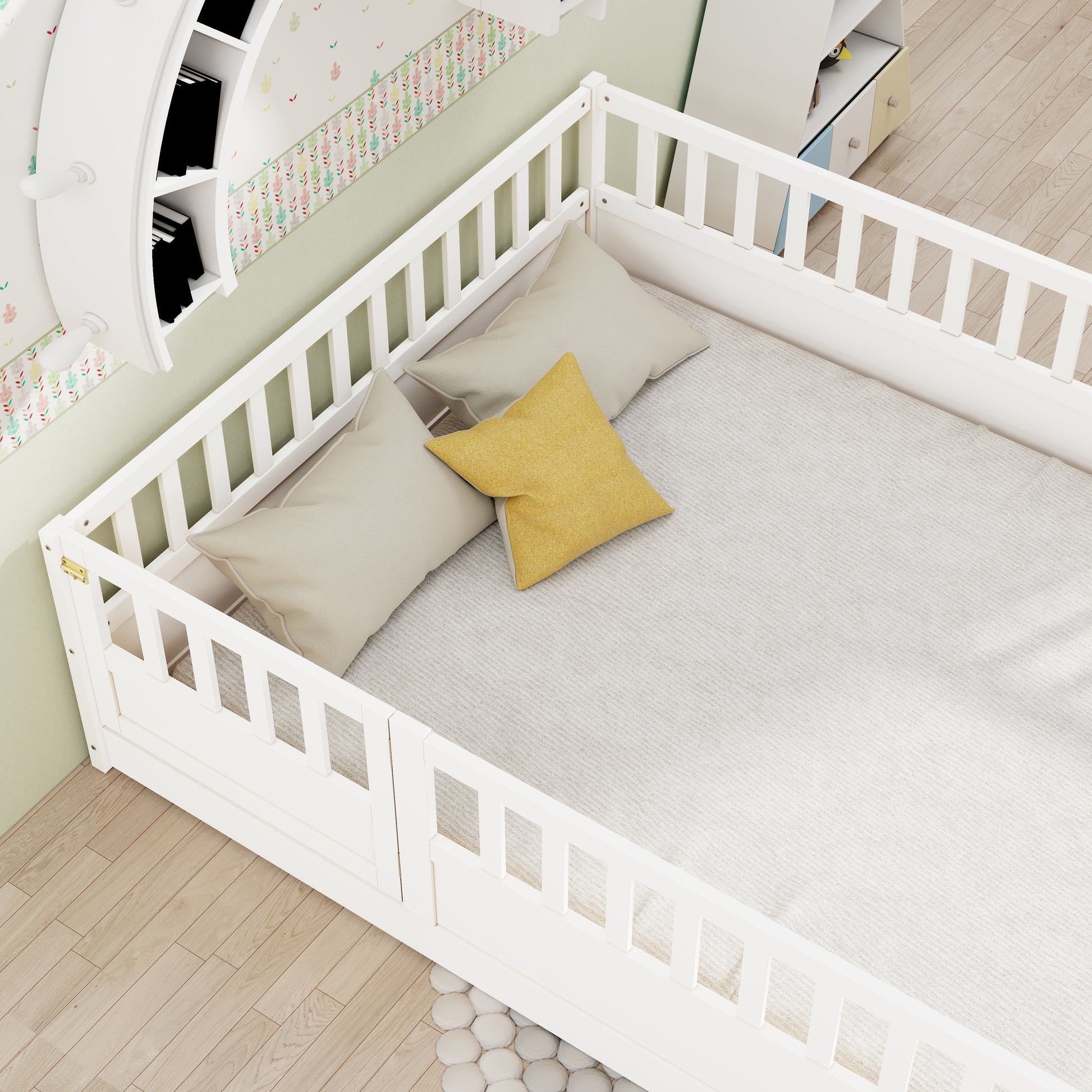 Full Size Floor Bed, Integral Construction With Super High Security Barrier, Door, Children'S Floor Bed Frame, Montessori Wooden Children'S Floor Bed, Support Slat White Box Spring Required Full