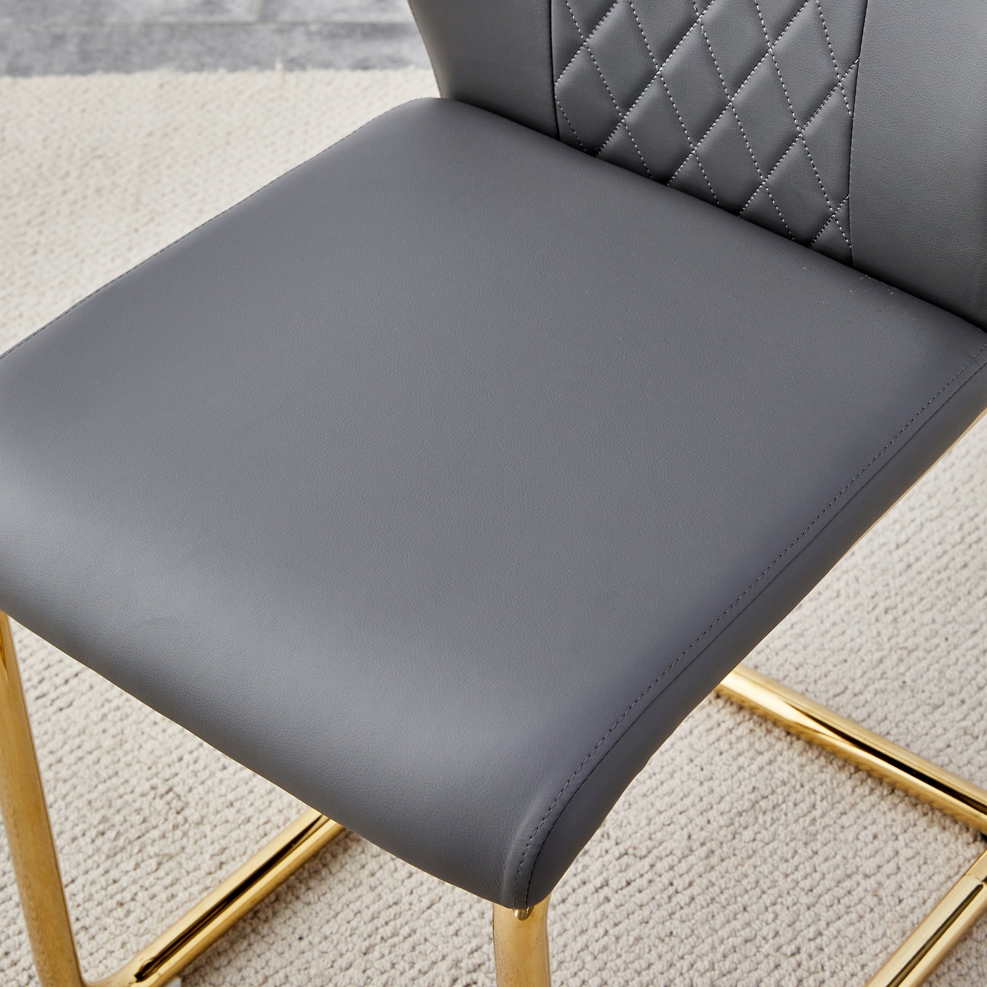 Table And Chair Set.Modern Rectangular Dining Table With Transparent Tempered Glass Tabletop And Gold Plated Metal Legs.Paried With 6 Comfortable Chairs With Pu Seats And Golden Metal Legs. Grey Gold,Transparent Seats 6 Glass Metal