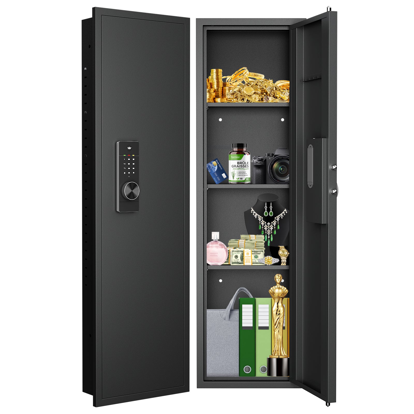 Didital Touch Panel In Wall Safe,Hidden Wall Safe For Rifles And Pistols With Adjustable Shelves,Assembled Storege Safe For Firearm And Valuables Black Digital Black Steel