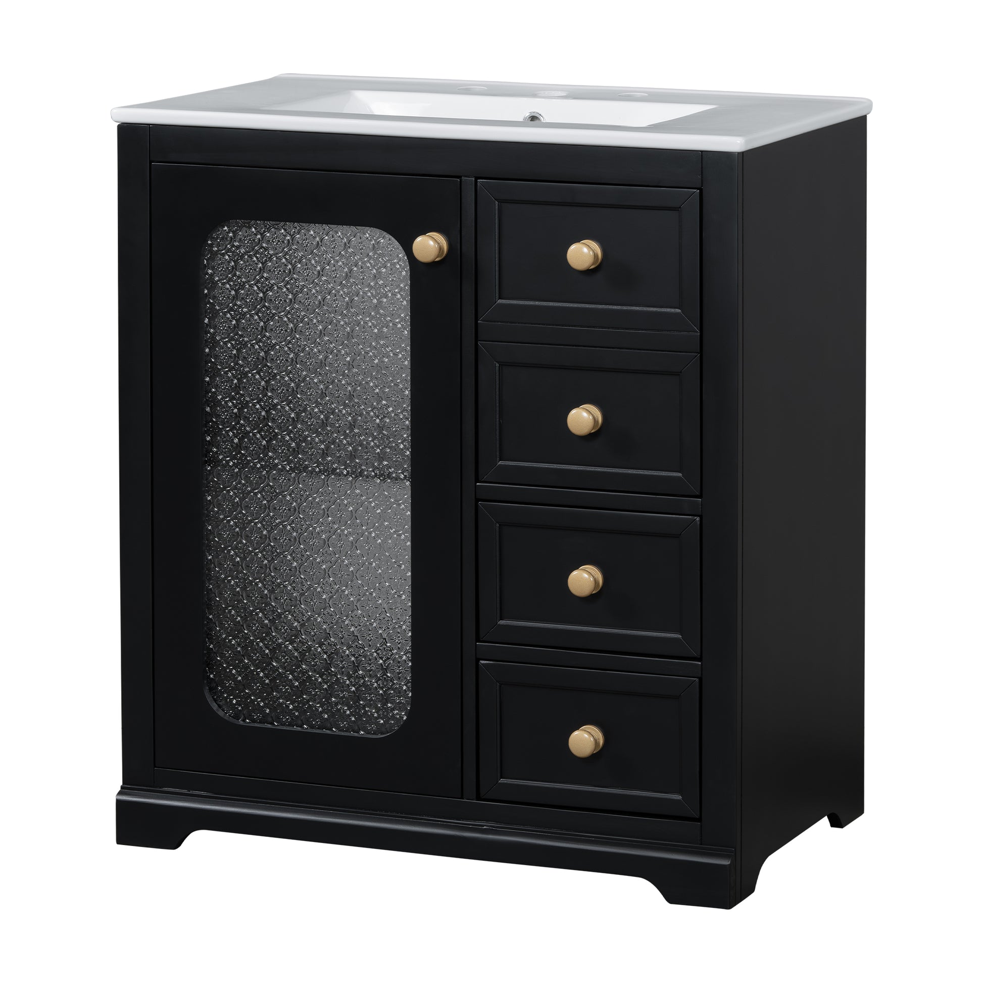 30 Inch Bathroom Vanity With A Soft Close Glass Door, Adjustable Shelves, And Three Drawers Black Bathroom Solid Wood Mdf Glass