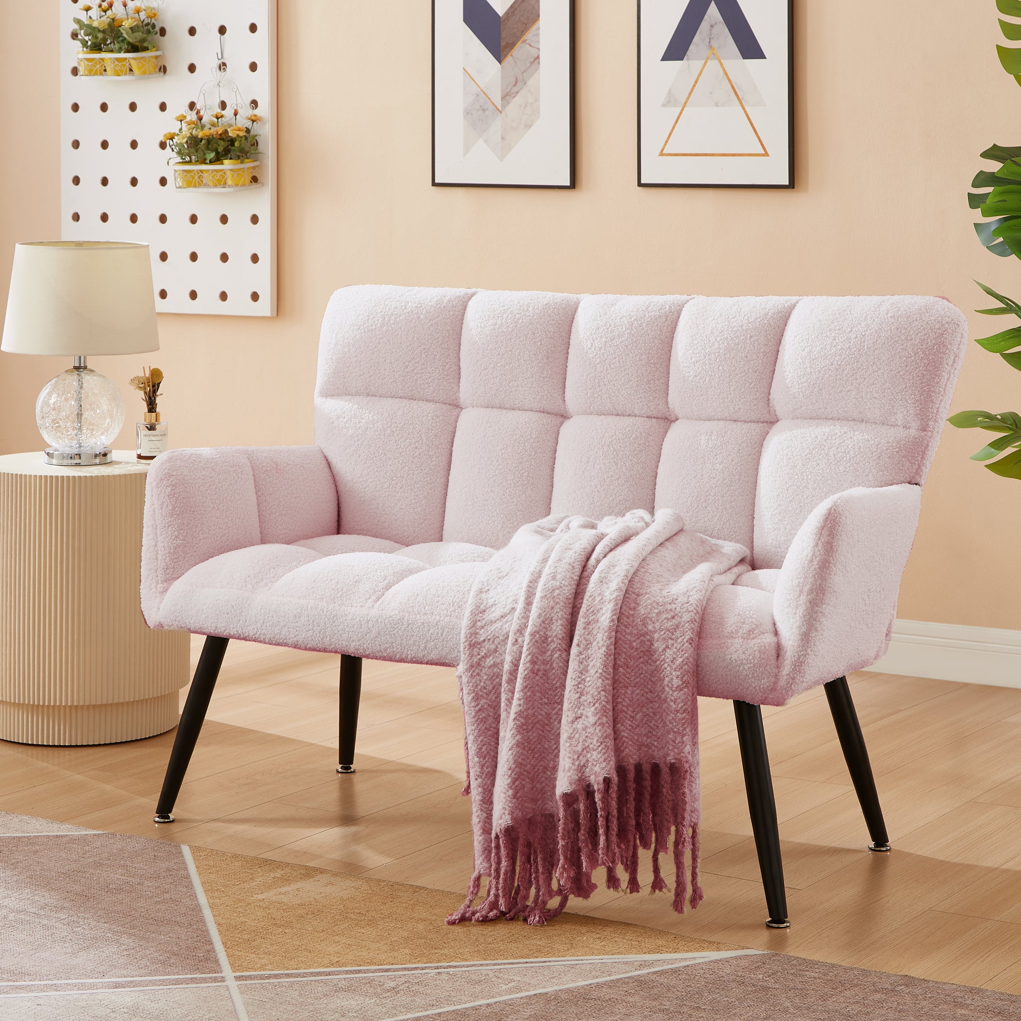 52'' Small Loveseat Sofa, Couch 2 Seater With Quilting Backs For Living Room, Bedroom And Small Space Color:Pink Pink Teddy