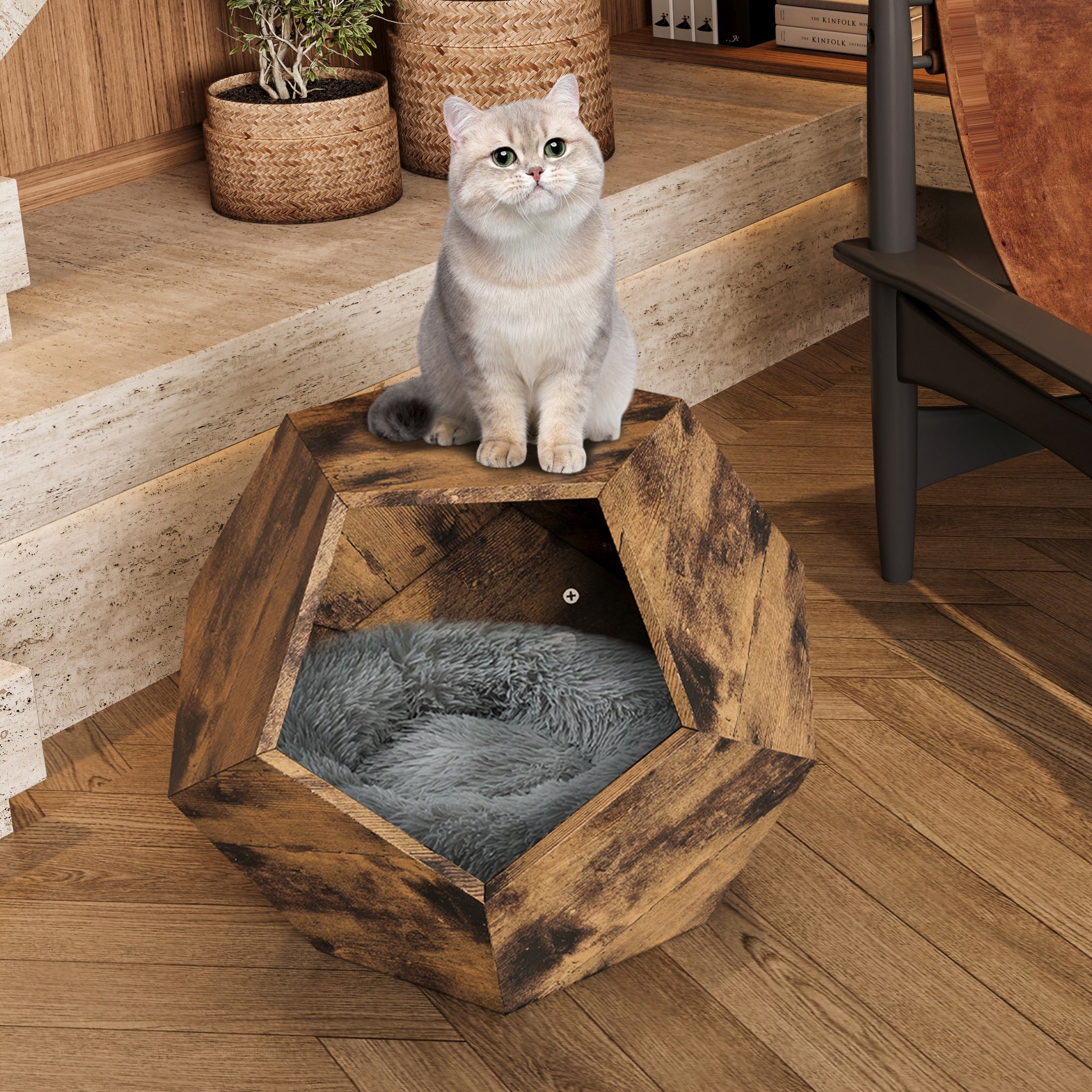 25.98'' Shaped Modern Pet Furniture Cat Kennel Side Table Mdf Multi Purpose Furniture Antique Wood Color Antique Brown Mdf