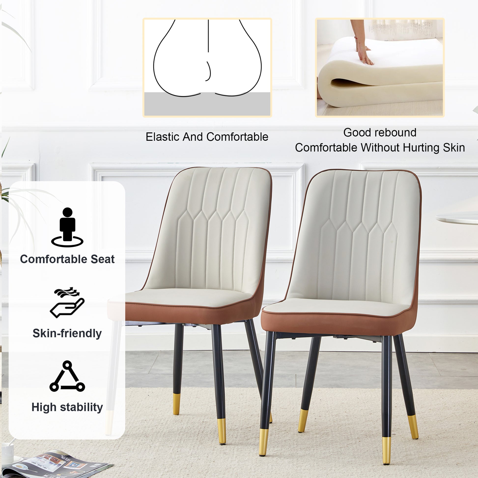 Table And Chair Set.Modern Rectangular Dining Table With Black Textured Stickers Glass Tabletop And Gold Plated Metal Legs.Paried With 6 Comfortable Chairs With Pu Seats And Black Metal Legs. Black Gold,Brown,Light Gray Seats 6 Glass Metal