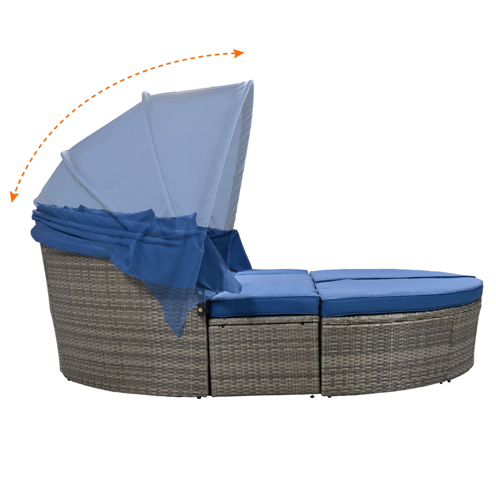 Outdoor Rattan Daybed Sunbed With Retractable Canopy Wicker Furniture, Round Outdoor Sectional Sofa Set, Gray Wicker Furniture Clamshell Seating With Washable Cushions, Backyard, Porch, Blue Yes Blue Seats 8 Garden & Outdoor Foam Wicker