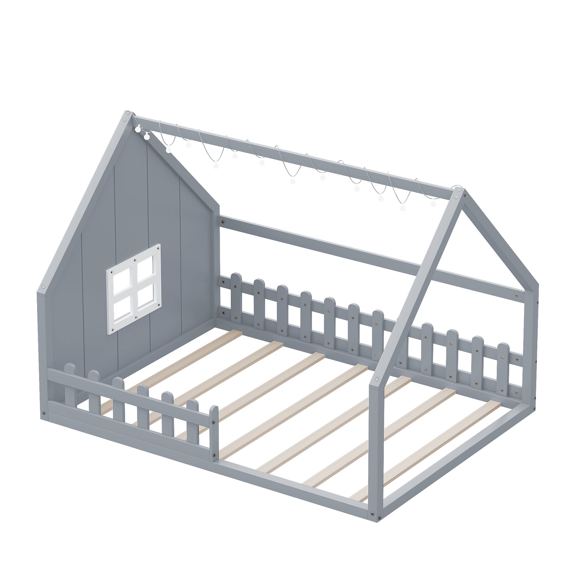 Full Size Wood House Bed With Window And Fence, Gray Old Sku: Wf304147Aae Box Spring Not Required Full Gray Wood Bedroom Pine Bed Frame Solid Wood Mdf