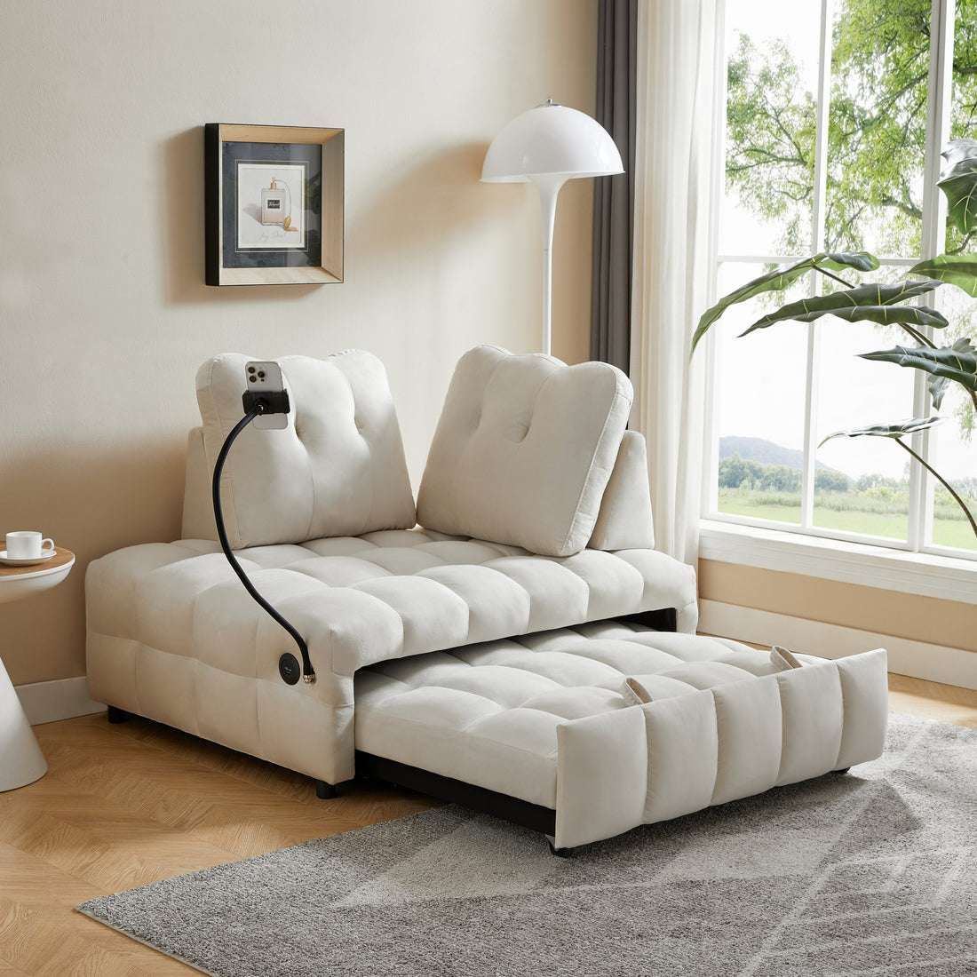 Modern Sofa Velvet Pull Out Bed,Independently Removable Backrest, Have Usb Port And Swivel Phone Stand ,Beige Beige Wood Velvet 2 Seat