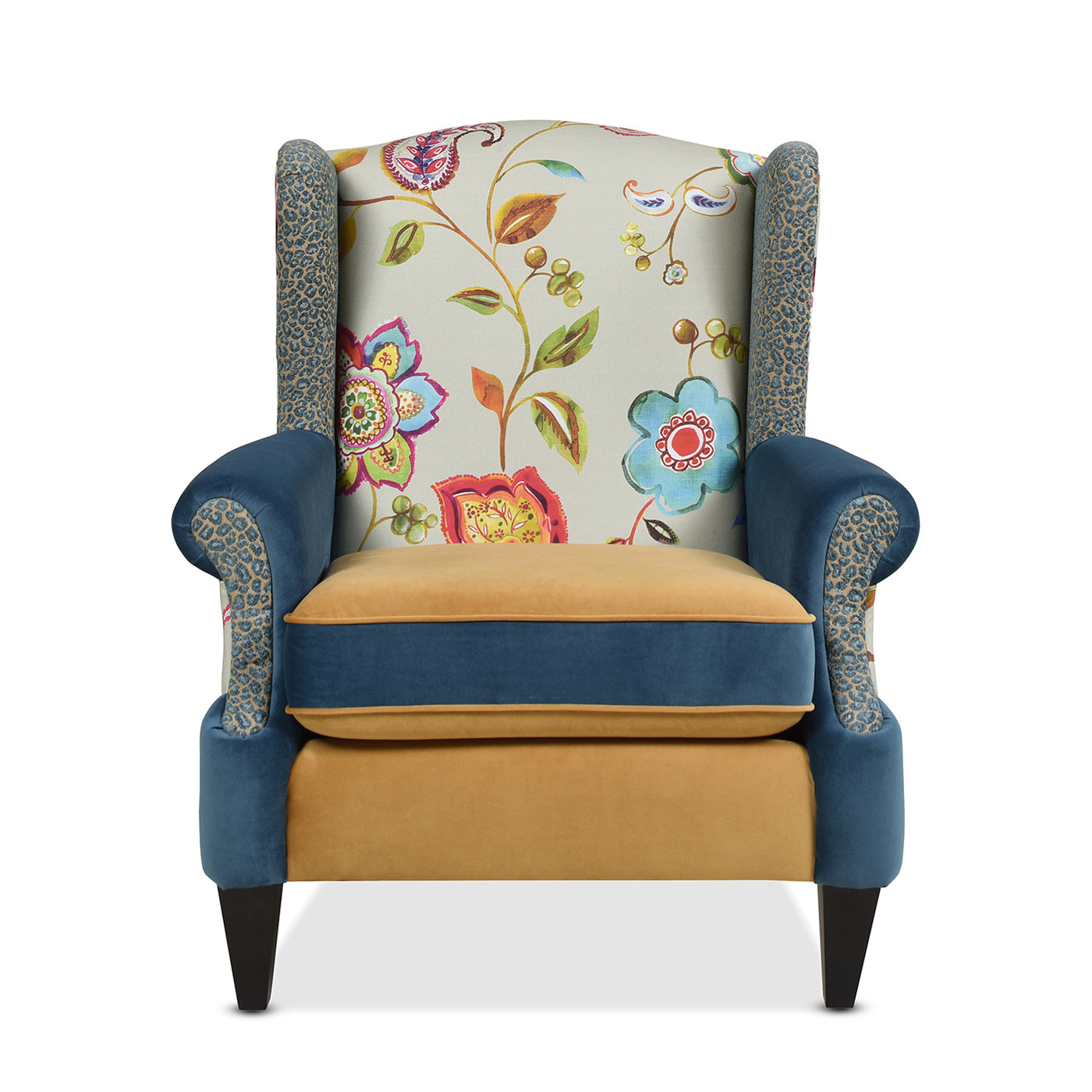 Anya Boho Chic Wingback Accent Arm Chair, Floral & Leopard, Blue Teal & Yellow Gold Velvet Teal Multi Foam Fabric