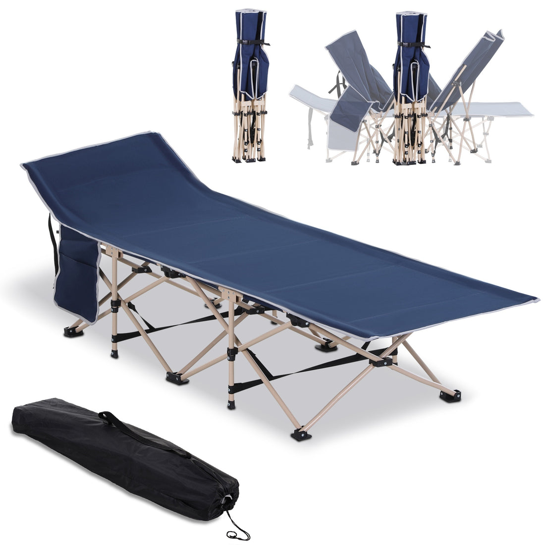 Outsunny Folding Camping Cot For Adults With Carry Bag, Side Pocket, Outdoor Portable Sleeping Bed For Travel, Camp, Vacation, 330 Lbs. Capacity, Blue Blue Steel
