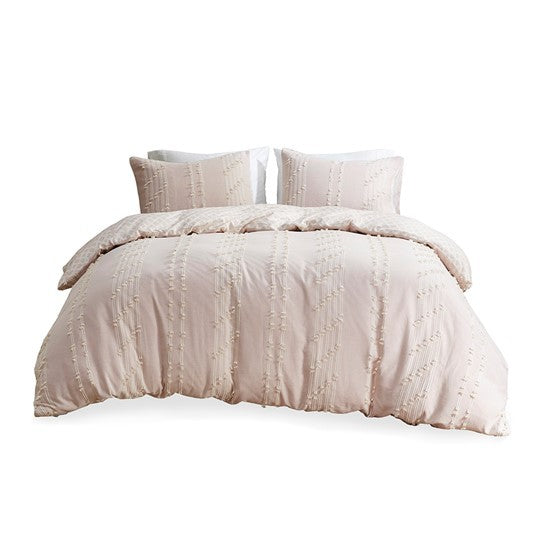3 Piece Cotton Jacquard Duvet Cover Set Queen Pink Cotton