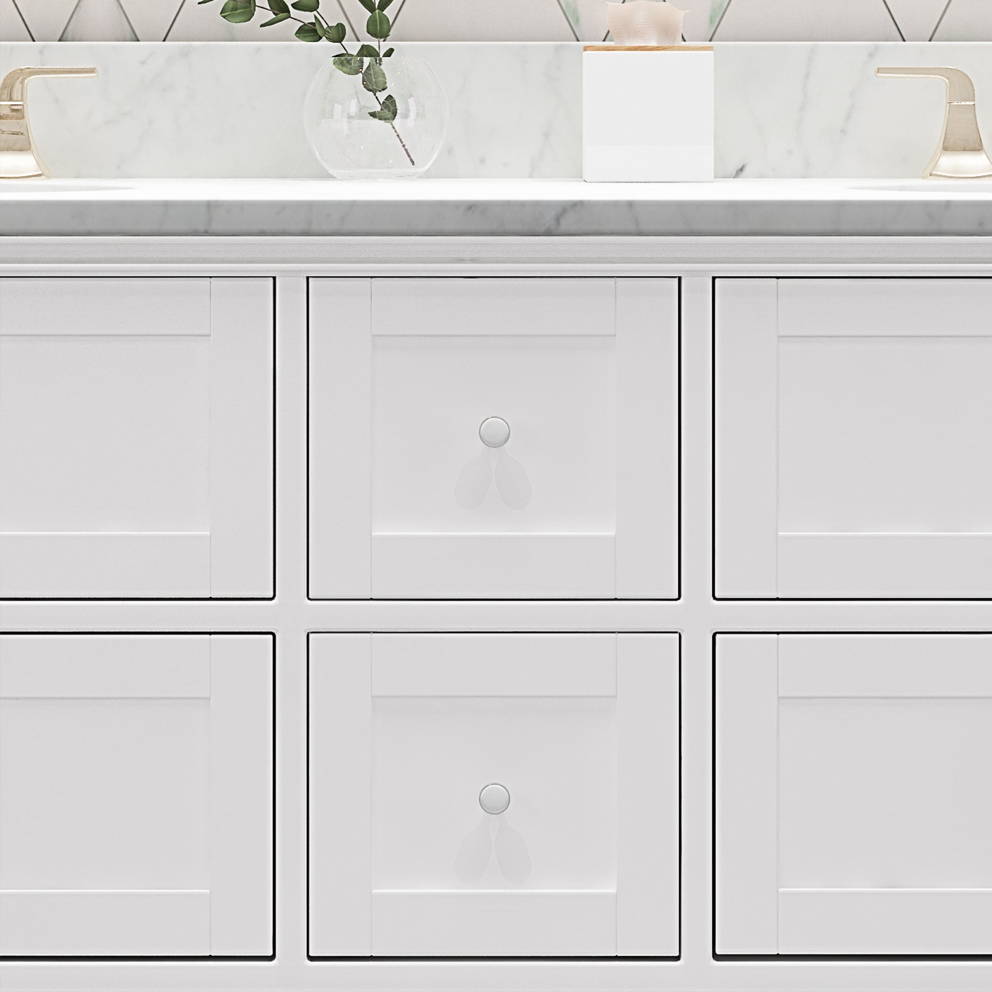 61'' Bathroom Vanity With Marble Top & Double Ceramic Sinks, 4 Drawers, Open Shelf, White White Plywood