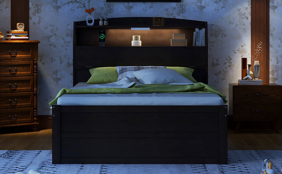 Full Size Wooden Led Platform Bed With Trundle, With Storage Headboard, With Drawers, Brown Full Brown Plywood