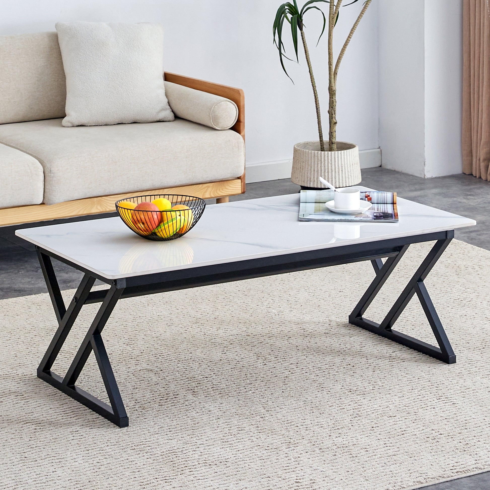 A Modern Minimalist Style White Marble Patterned Coffee Table With Black Metal Legs. Computer Desk. Game Table. Tea Table. Ct Xx White Black Sintered Stone