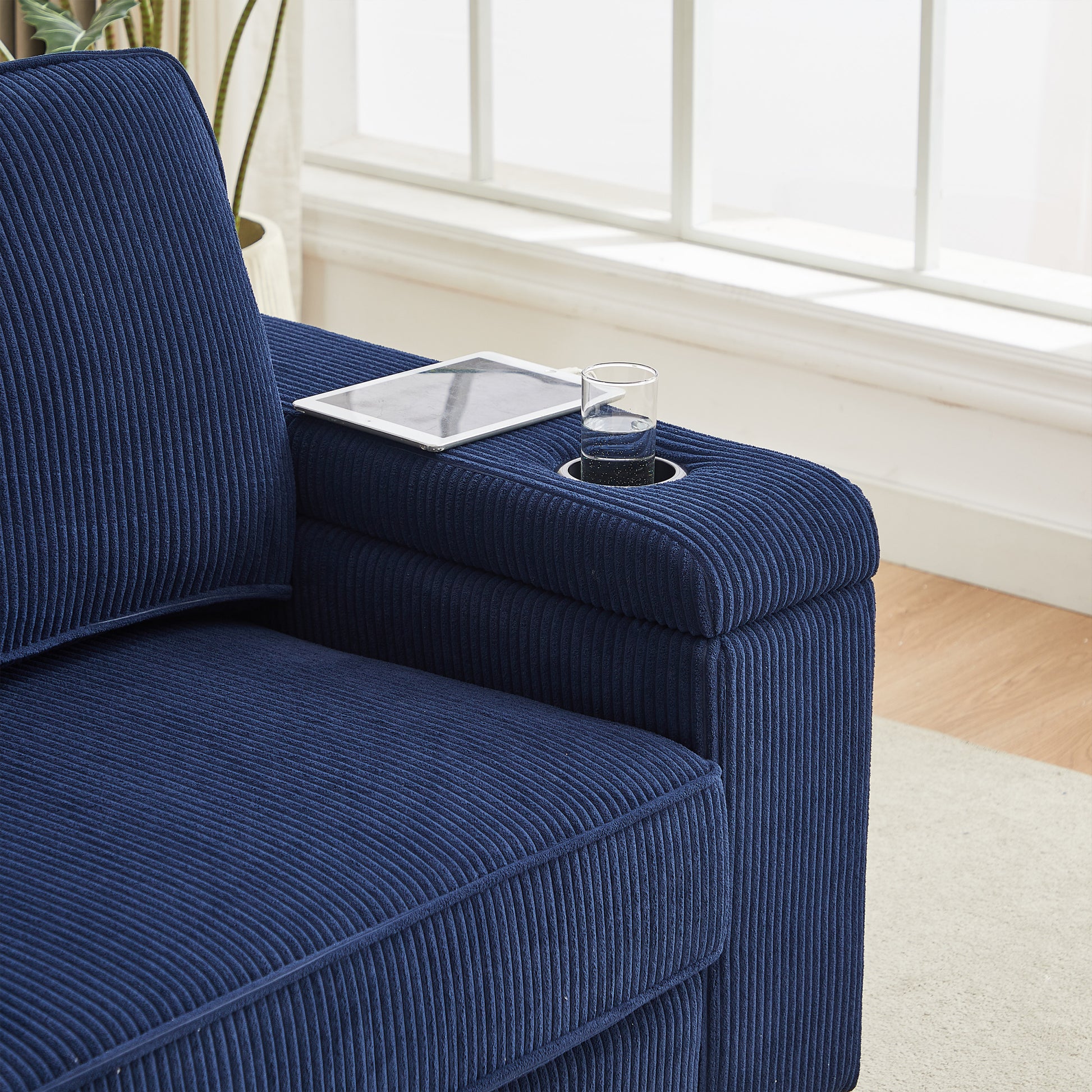 86.5 Inch Sofa Couch Deep Seat Sofa With Two Storage Spaces, T Pyce Charging Portsusb Charging Ports & 2 Cup ,Corduroy 3 Seater Couch, Modern Sofas For Living Room Blue Foam Corduroy 3 Seat