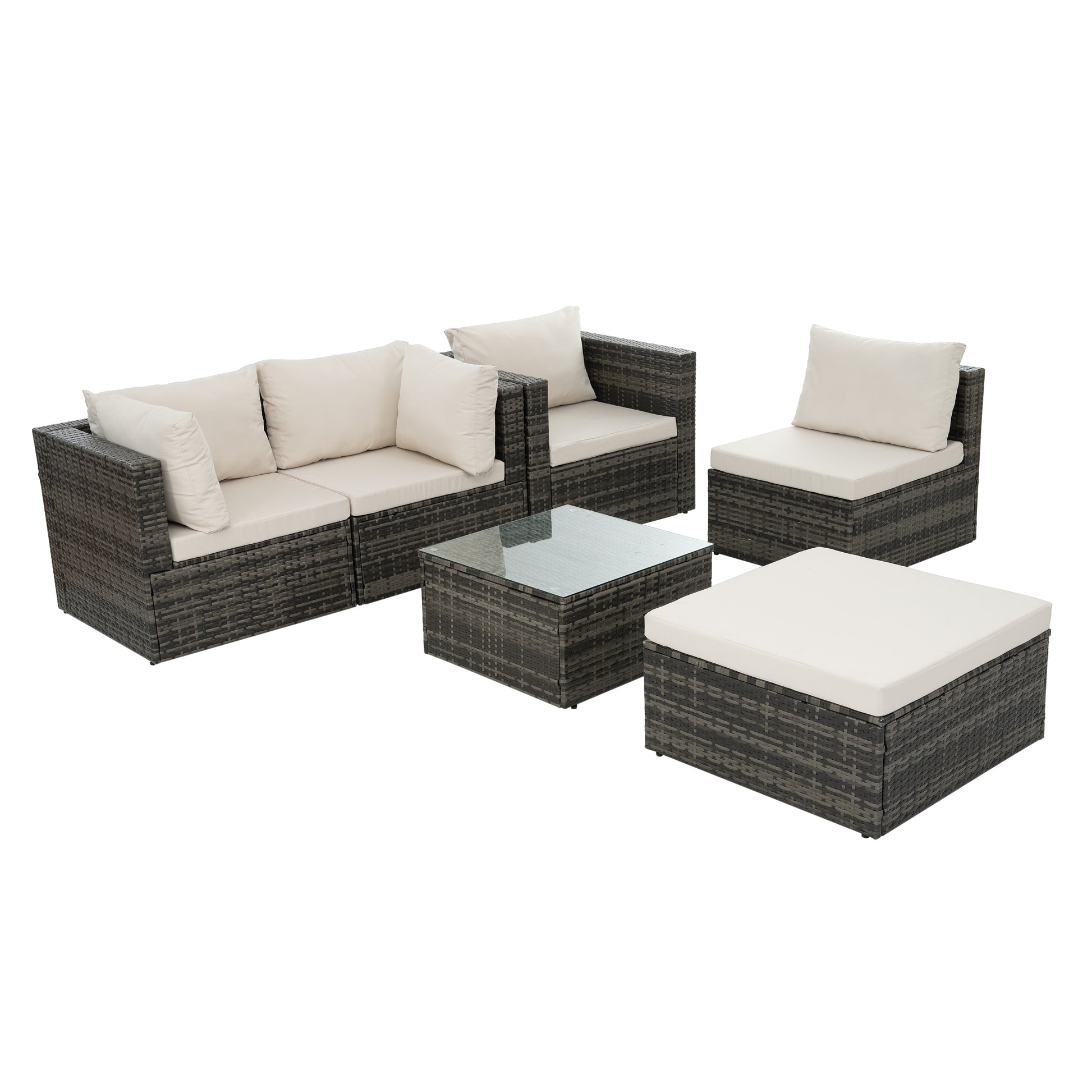 Patio Furniture, Outdoor Furniture, Seasonal Pe Wicker Furniture, 6 Set Wicker Furniture With Tempered Glass Coffee Table Dark Gray Seats 4 Pe Rattan Iron Waterproof Fabric