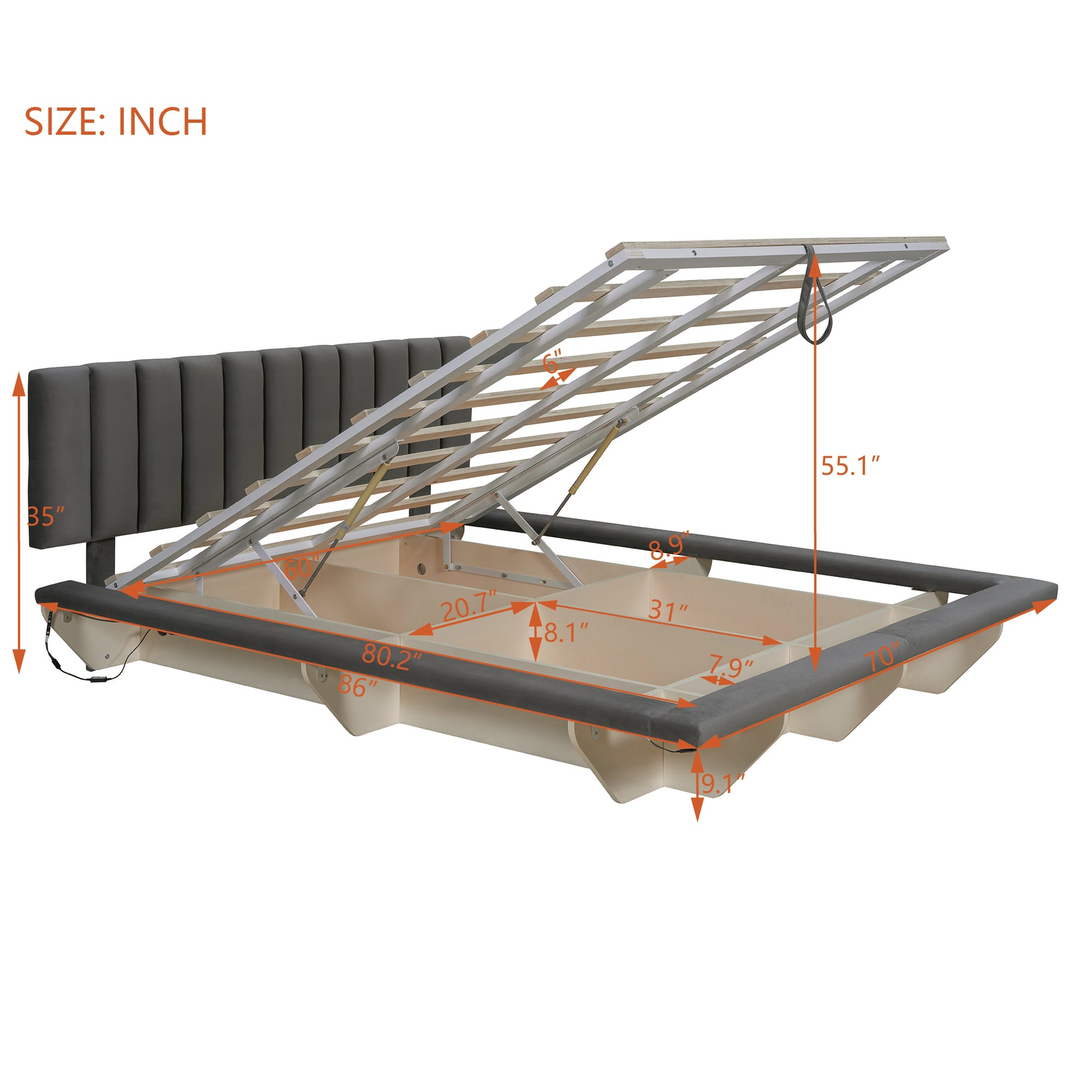 Queen Size Upholstered Floating Bed With Led Light And Usb Port, Velvet, Gray, Hydrualic Platform Bed Queen Gray Velvet