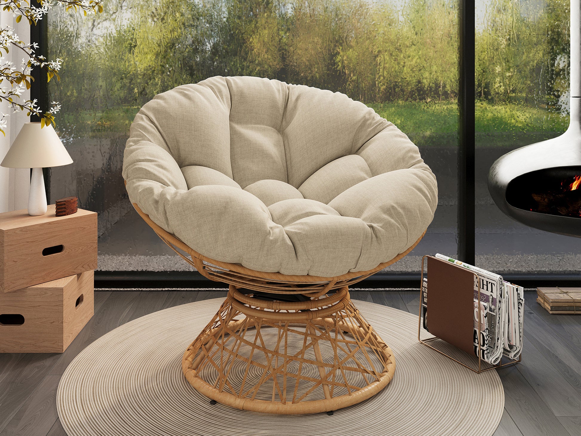 40" Ergonomic Wicker Chair With Cloud Thick Density Fabric Cushion,3 Proof Cover,High Capacity Iron Frame,Fluid 360 Degree Swivel For Reading,Living Room, Bedroom,Lounge,Natural Base,2 Colors