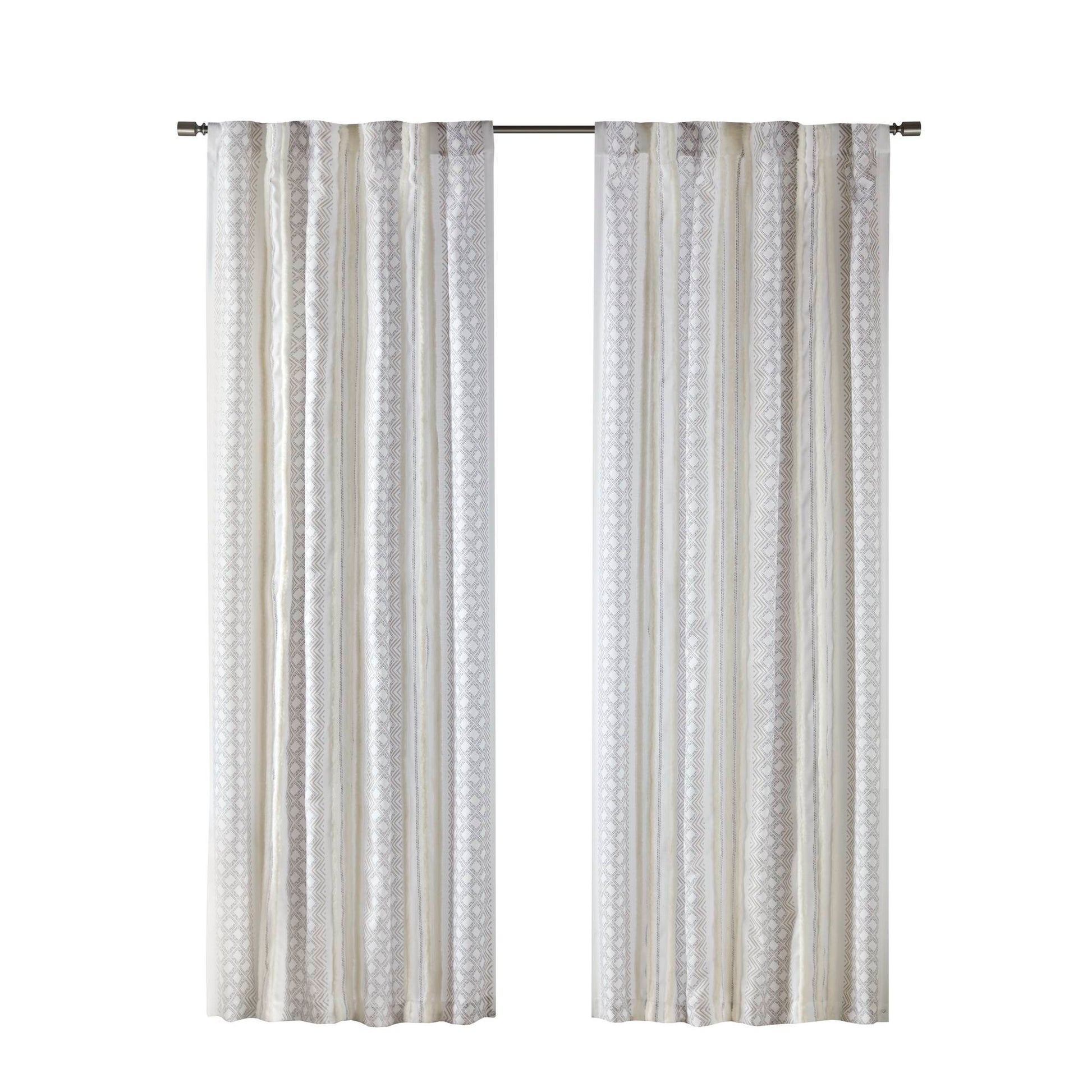 2Pk Poly Printed Curtain Panel With Tufted Stripe White Taupe 2 Pk 50X95" Multicolor Polyester