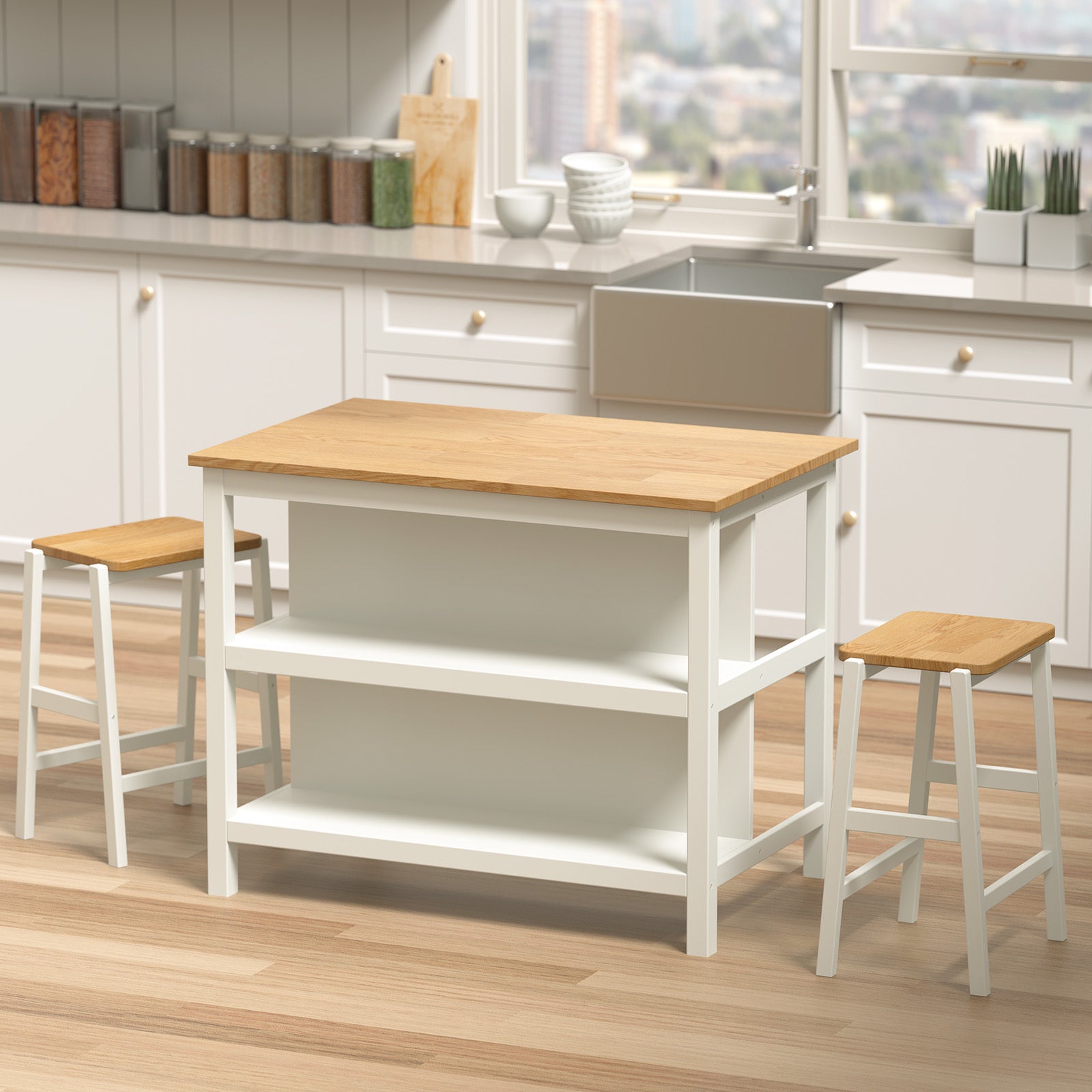 3 Pcs Dining Table Set Rustic Retro Breakfast Table Dining Stools Rubber Wood For 2 With Two Open Shelves For Small Space Kitchen Dining Room Cream White White Rubber Wood