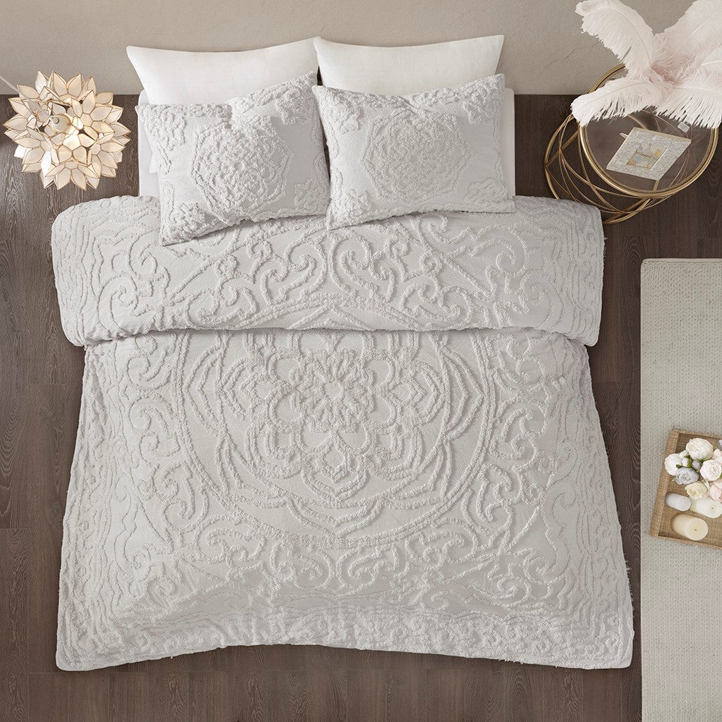 3 Piece Tufted Cotton Chenille Medallion Comforter Set Grey Full Queen Full Grey Cotton