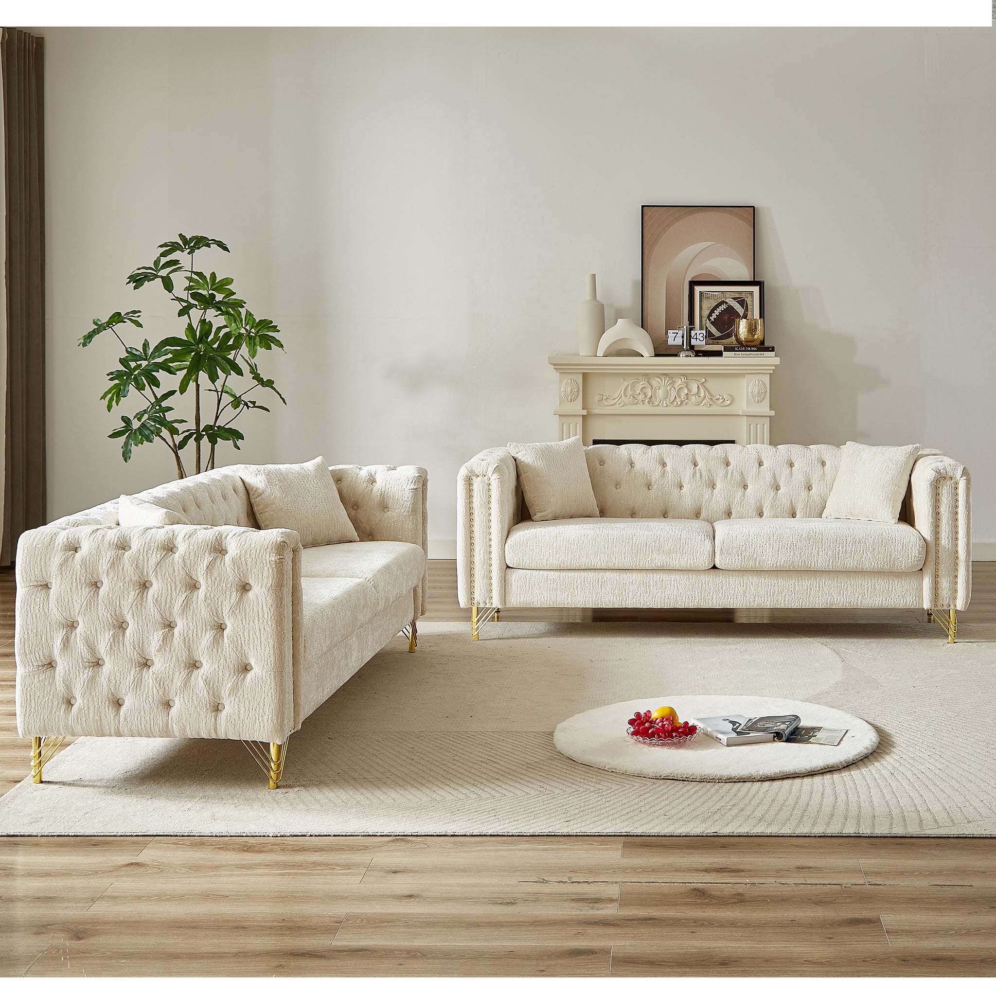 Chenille Pull Buckle Design Sofa For Living Room,Buttons Tufted With Copper Nail Decoration Armrest, Modern Couch Upholstered Button And Metal Legs Beige Foam Chenille 6 Seat